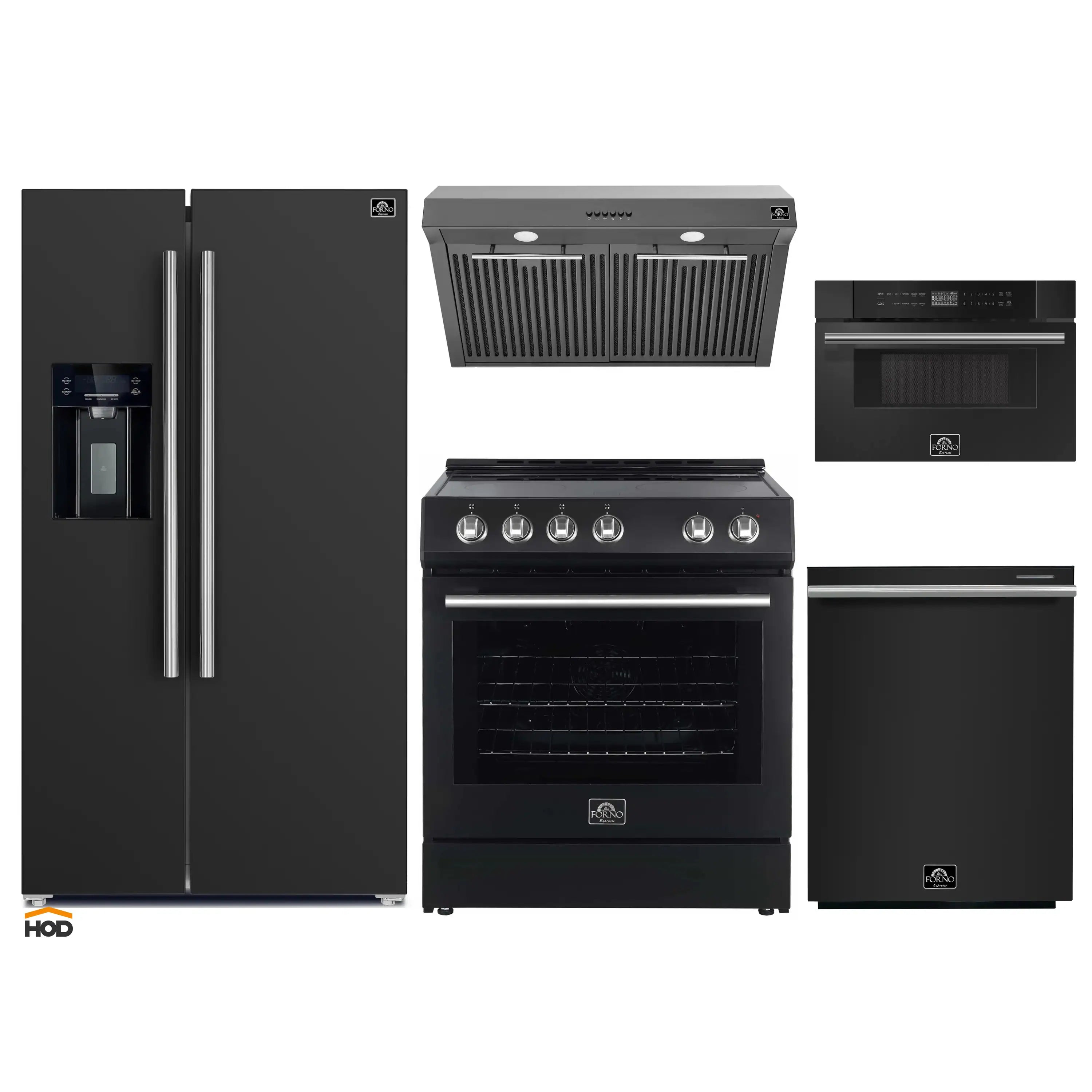 Five-piece kitchen appliance set: black refrigerator, range, hood, and dishwasher