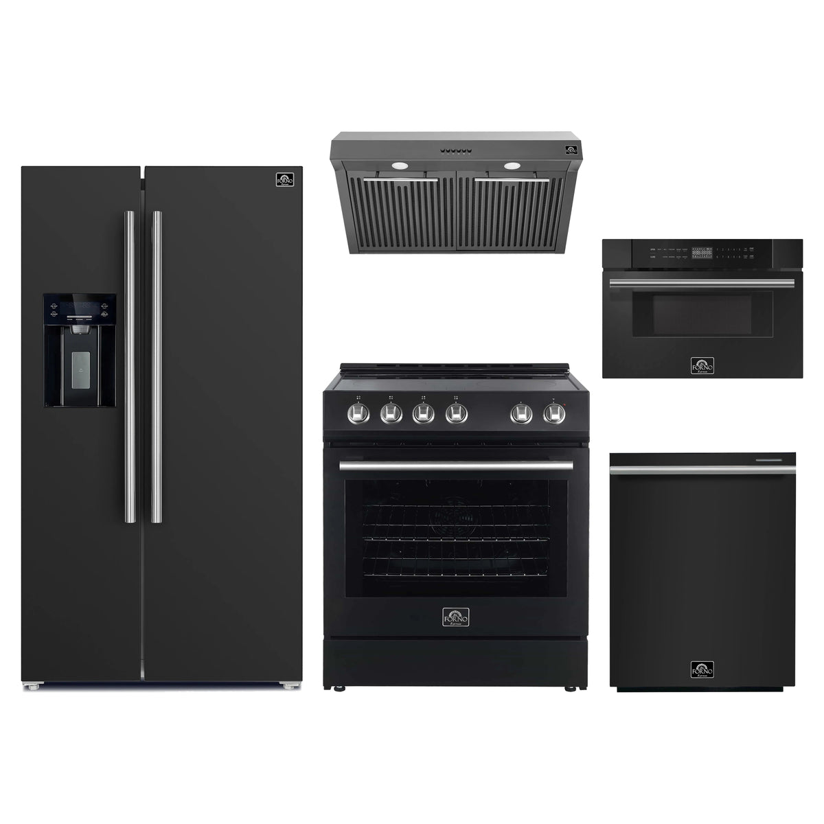 Forno 5-Piece Appliance Package - 30-Inch Electric Range, Under Cabinet Range Hood, Refrigerator with Water Dispenser, Dishwasher, and 30-Inch Microwave Drawer in Black with Stainless Steel Trim
