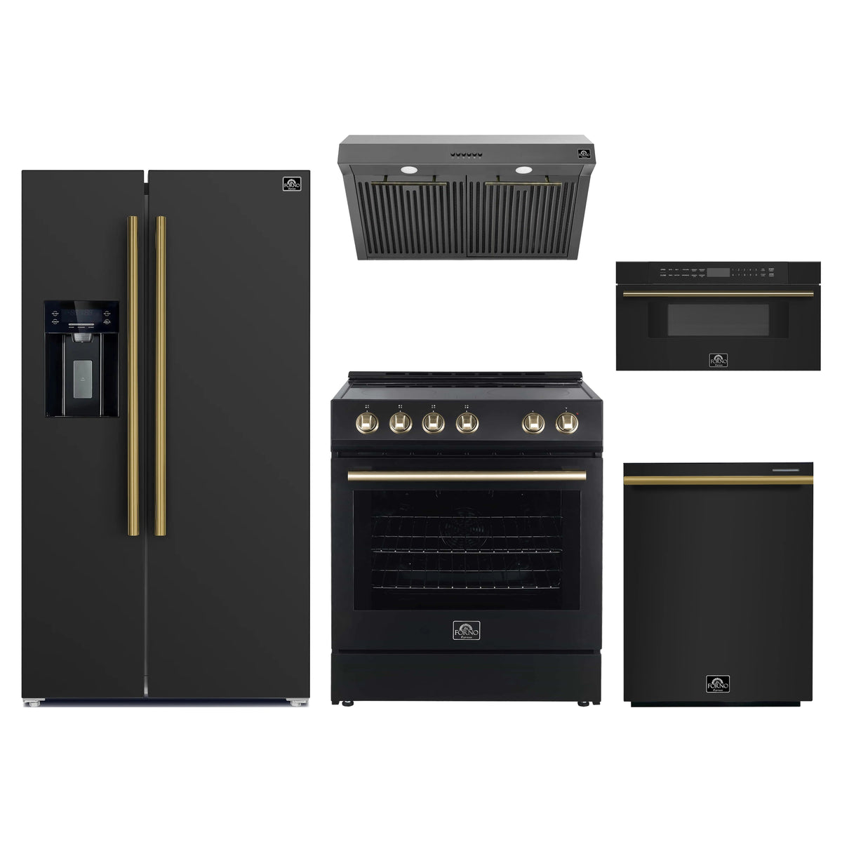 Forno 5-Piece Appliance Package - 30-Inch Electric Range, Under Cabinet Range Hood, Refrigerator with Water Dispenser, Dishwasher, and 30-Inch Microwave Drawer in Black with Antique Brass Trim