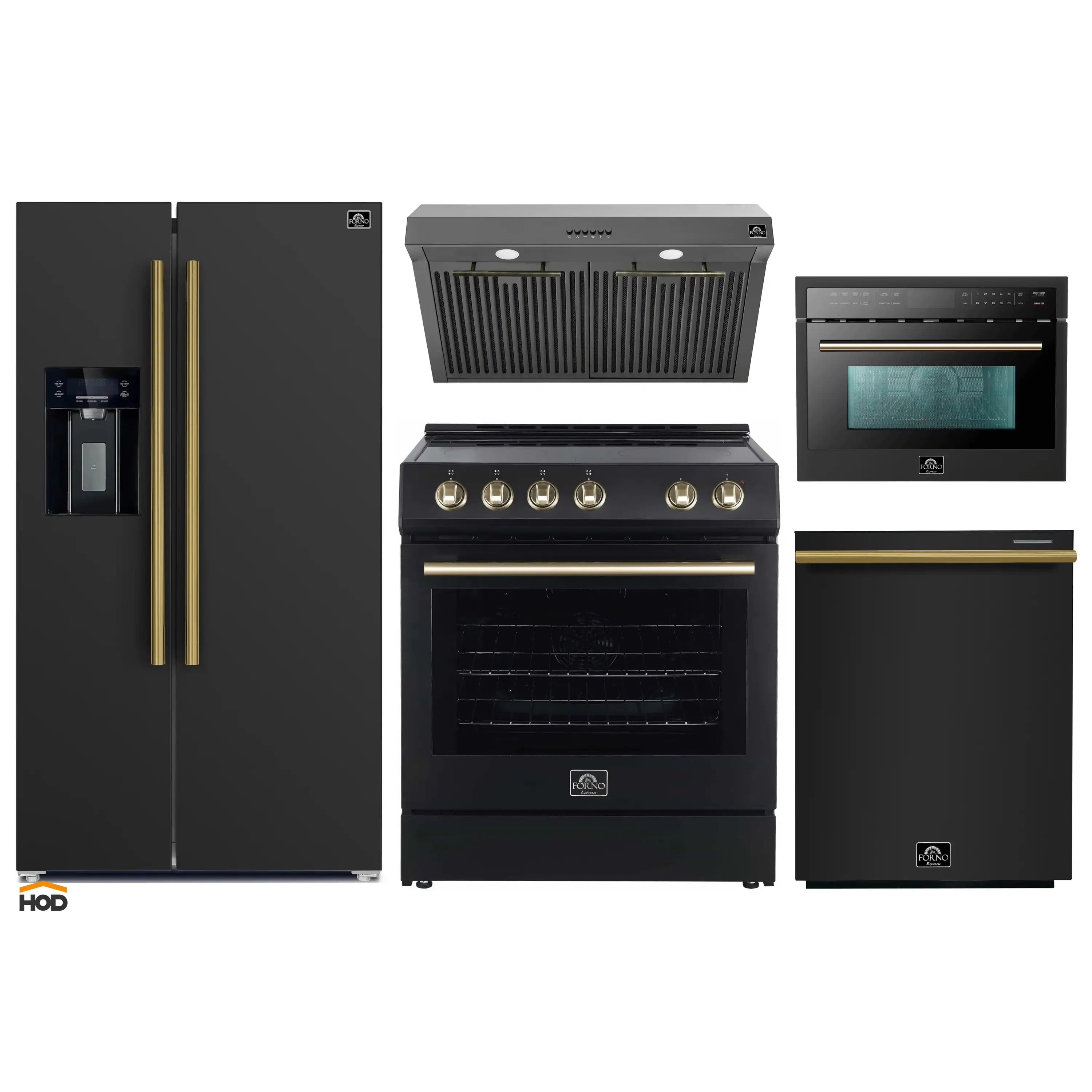 Black 5-piece appliance set: refrigerator, range with hood, dishwasher, microwave drawer