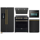 Forno 5-Piece Appliance Package - 30-Inch Electric Range, Under Cabinet Range Hood, Refrigerator with Water Dispenser, Dishwasher, and 24-Inch Microwave Drawer in Black with Antique Brass Trim
