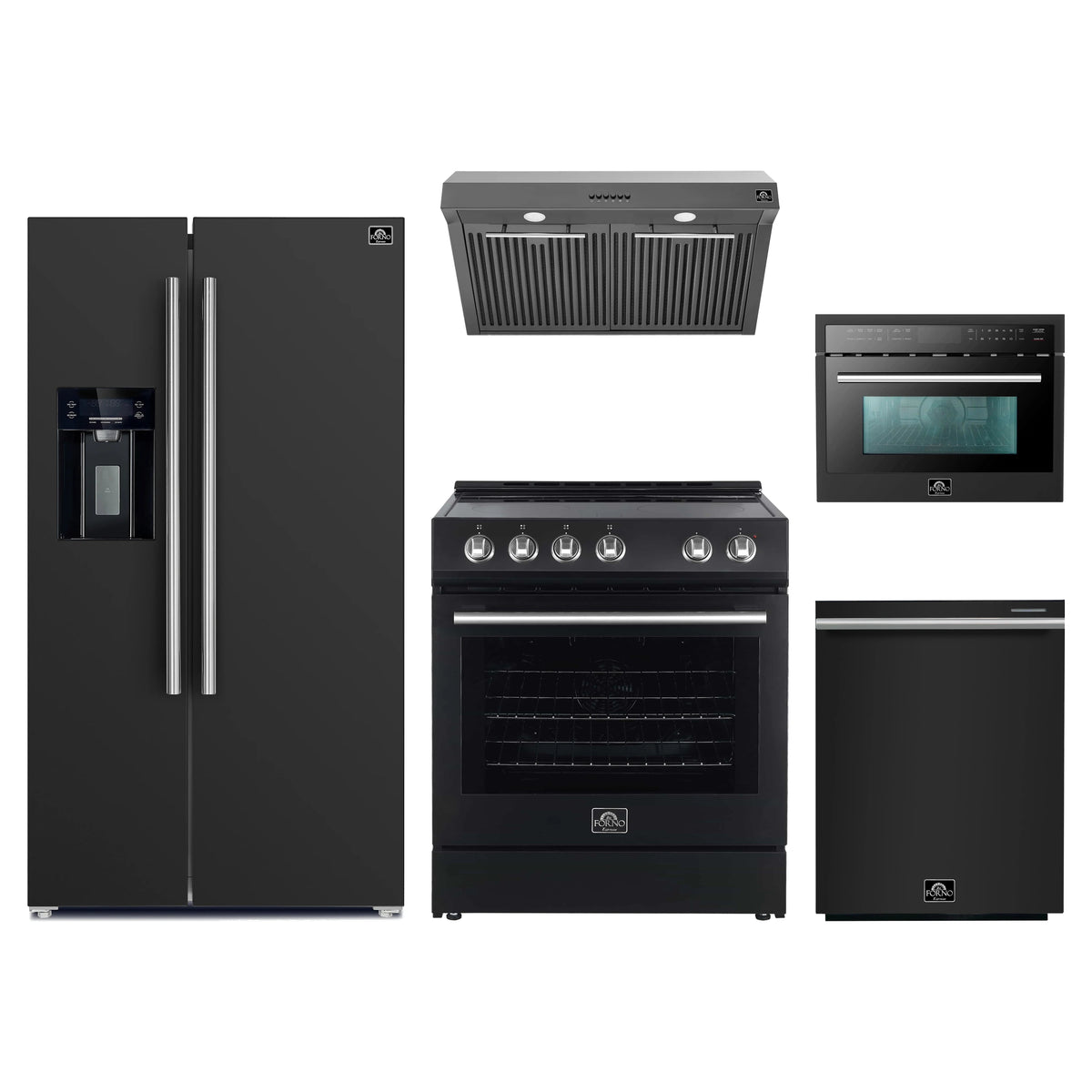 Forno 5-Piece Appliance Package - 30-Inch Electric Range, Under Cabinet Range Hood, Refrigerator with Water Dispenser, Dishwasher, and 24-Inch Microwave Oven in Black with Stainless Steel Trim