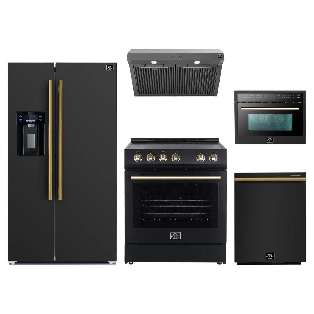 Forno 5-Piece Appliance Package - 30-Inch Electric Range, Under Cabinet Range Hood, Refrigerator with Water Dispenser, Dishwasher, and 24-Inch Microwave Oven in Black with Antique Brass Trim