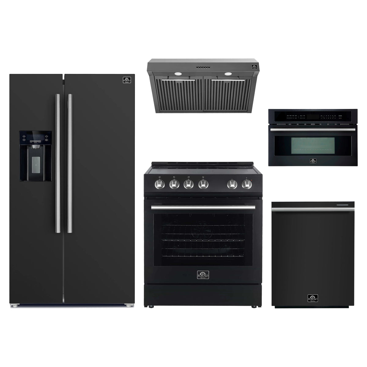 Forno 5-Piece Appliance Package - 30-Inch Electric Range, Under Cabinet Range Hood, Refrigerator with Water Dispenser, Dishwasher, and 30-Inch Microwave Oven in Black with Stainless Steel Trim