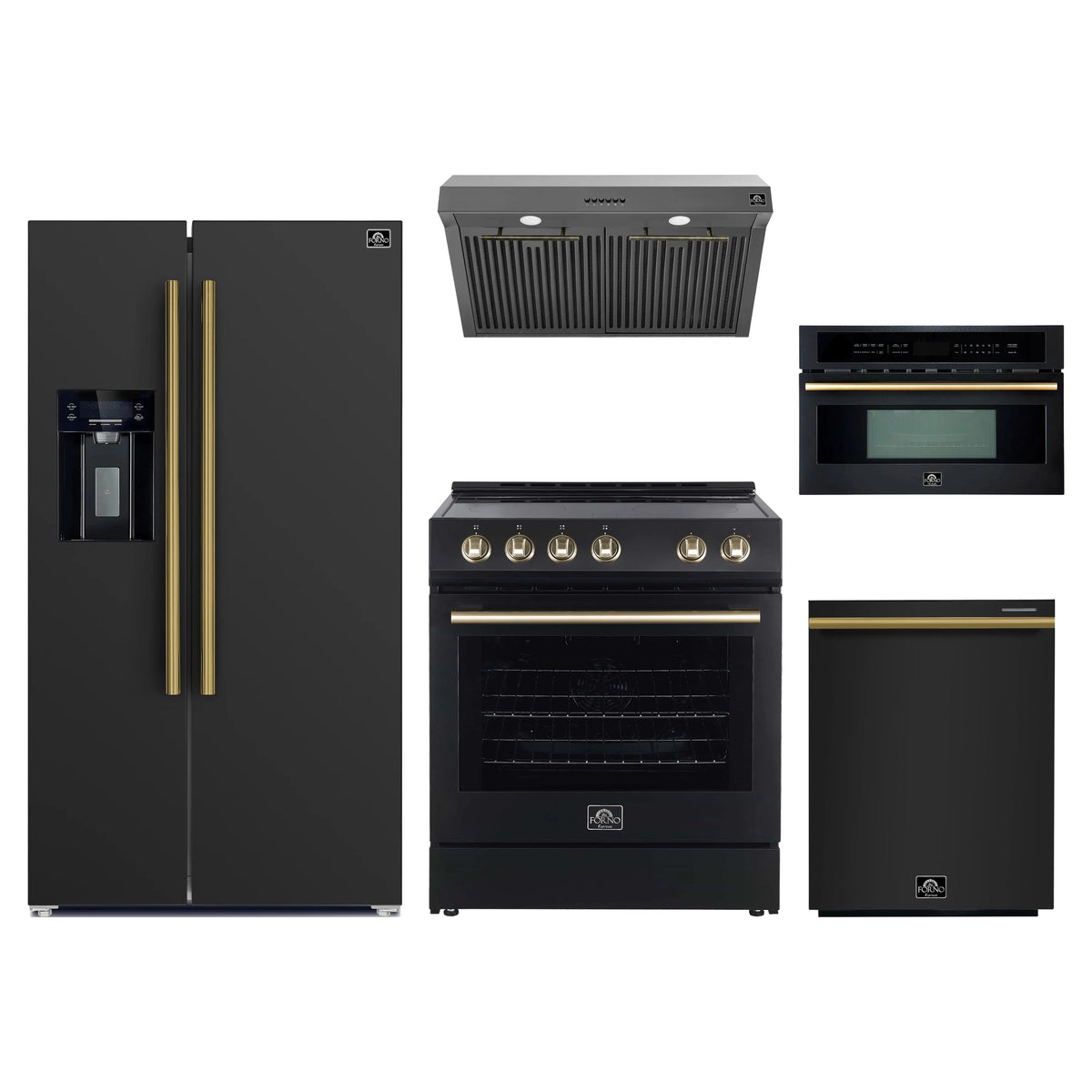 Forno 5-Piece Appliance Package - 30-Inch Electric Range, Under Cabinet Range Hood, Refrigerator with Water Dispenser, Dishwasher, and 30-Inch Microwave Oven in Black with Antique Brass Trim