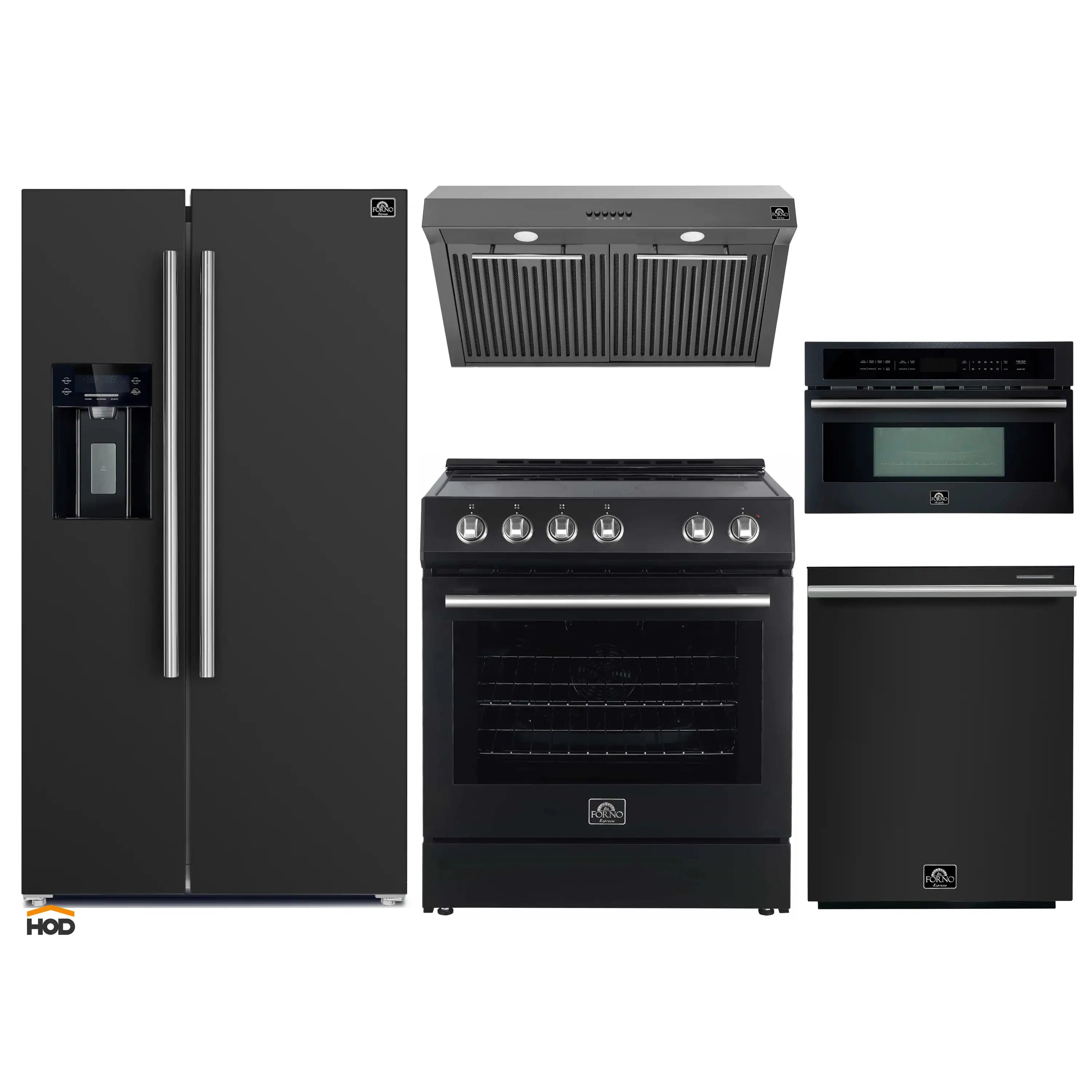 Black 5-piece appliance package with refrigerator, range, hood, microwave, and dishwasher