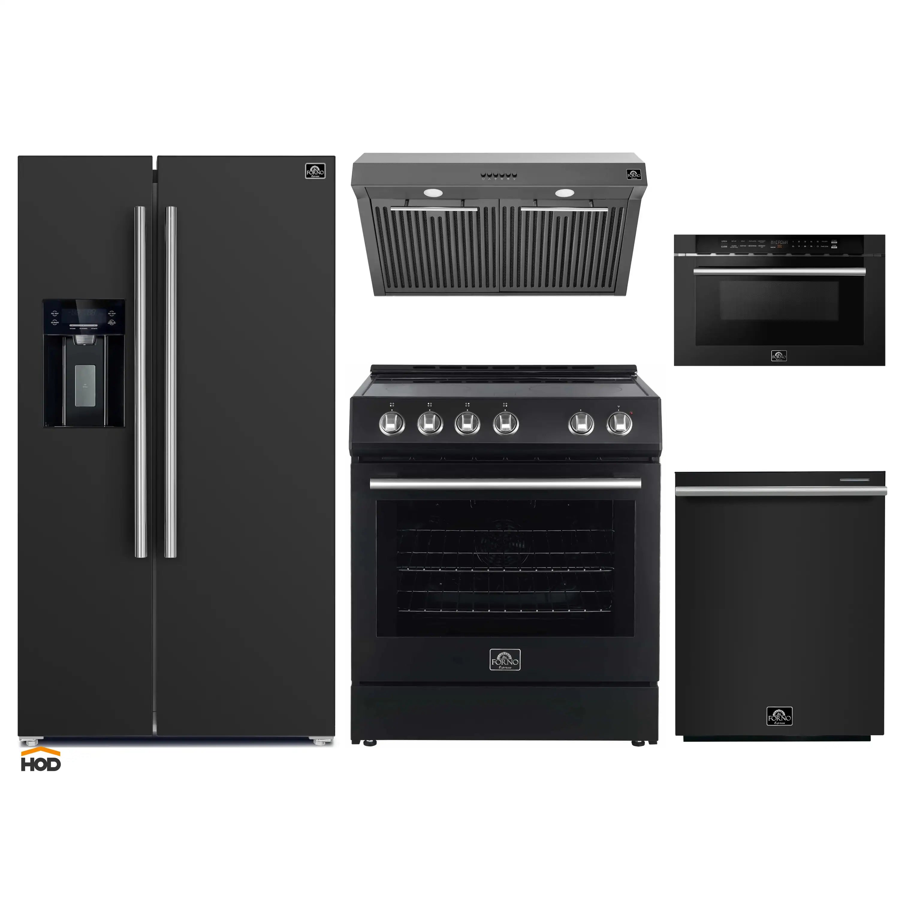 Black and stainless kitchen appliance set: refrigerator, range, hood, dishwasher