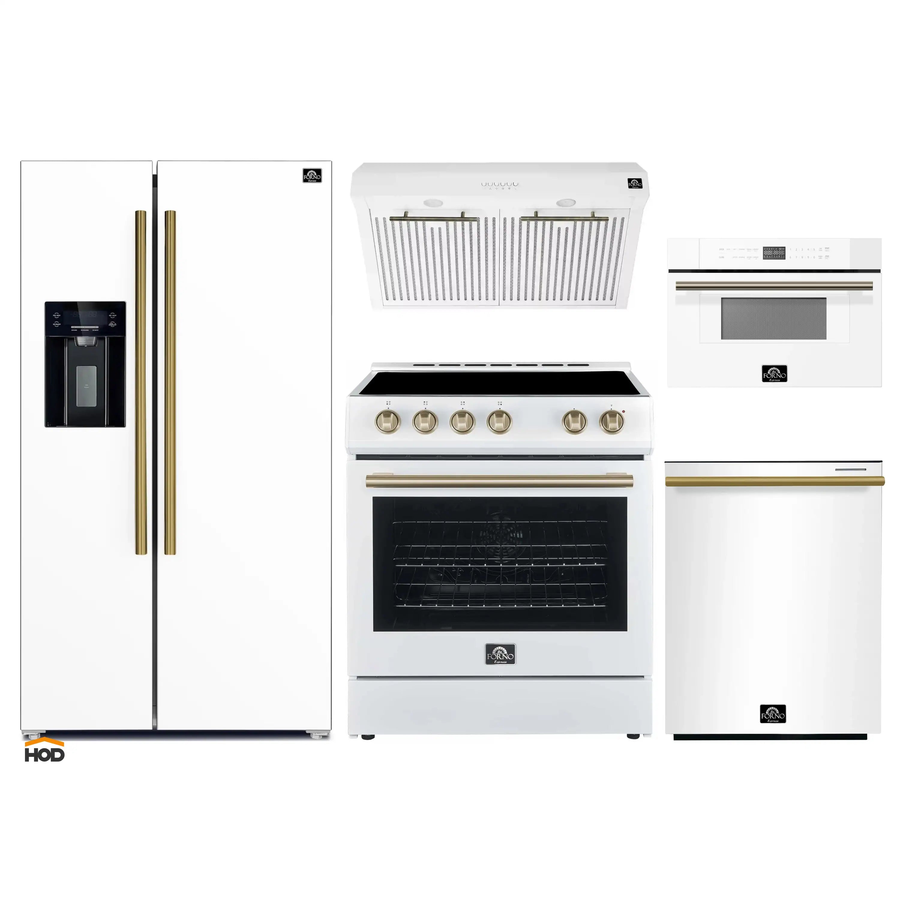 White appliance package with refrigerator, electric range, and microwave drawer