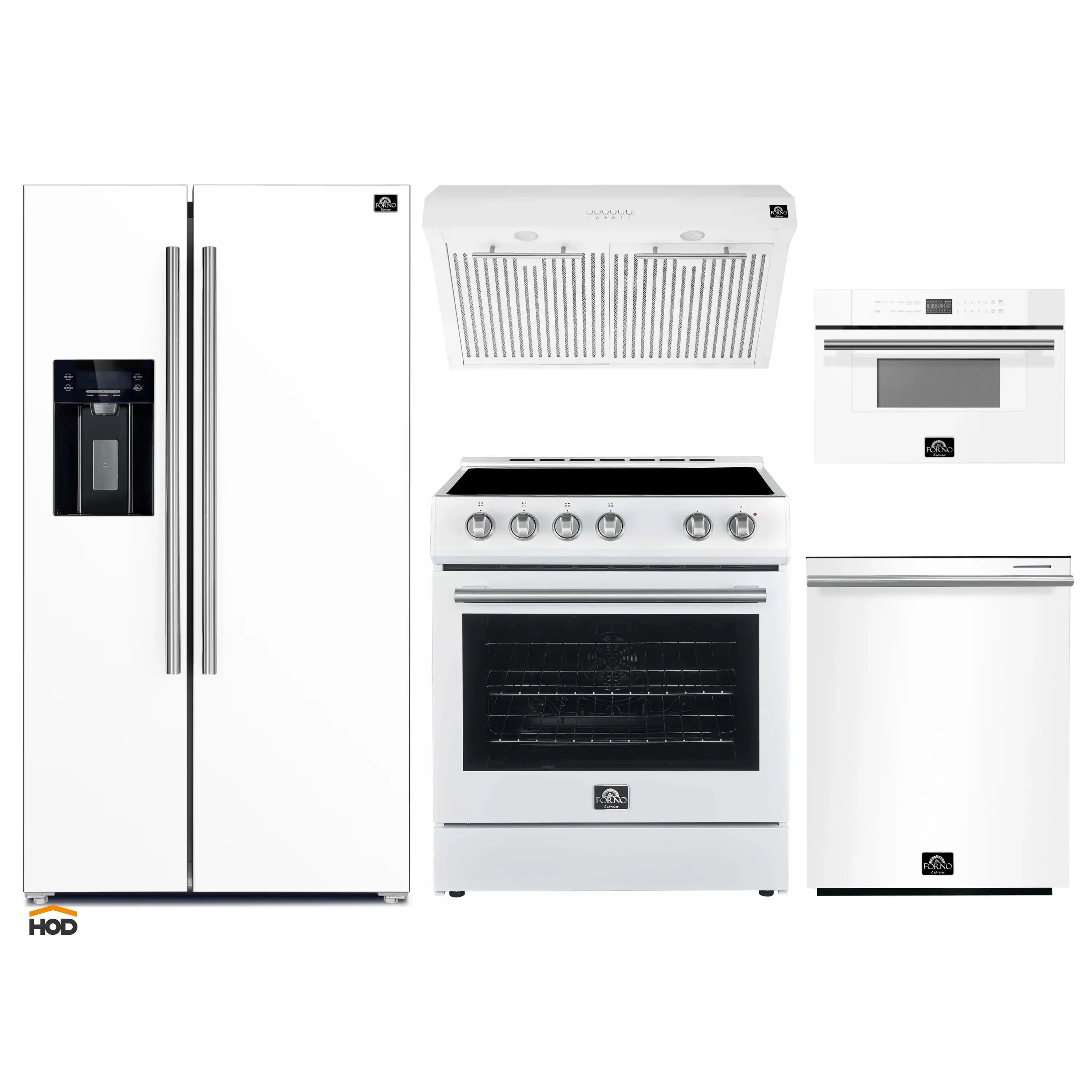 White refrigerator, electric range, and under-cabinet hood with stainless handles