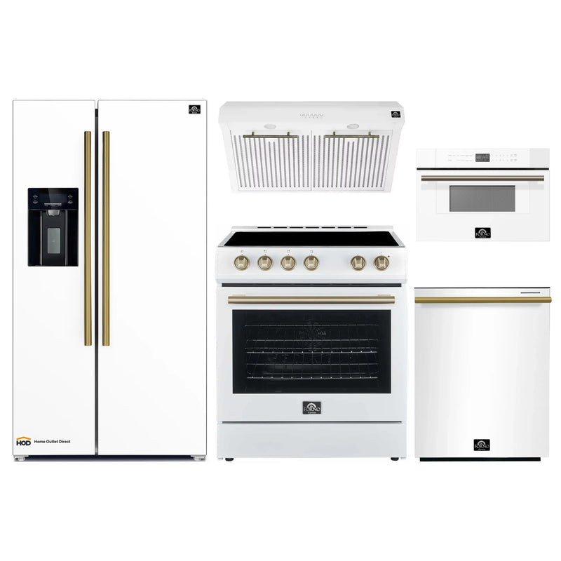 Forno 5-Piece Appliance Package - 30-Inch Electric Range, Under Cabinet Range Hood, Refrigerator with Water Dispenser, Dishwasher, and 30-Inch Microwave Drawer in White with Antique Brass Trim
