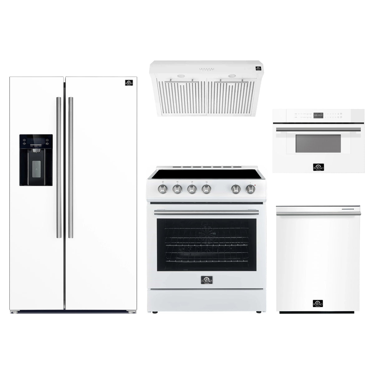 Forno 5-Piece Appliance Package - 30-Inch Electric Range, Under Cabinet Range Hood, Refrigerator with Water Dispenser, Dishwasher, and 30-Inch Microwave Drawer in White with Stainless Steel Trim