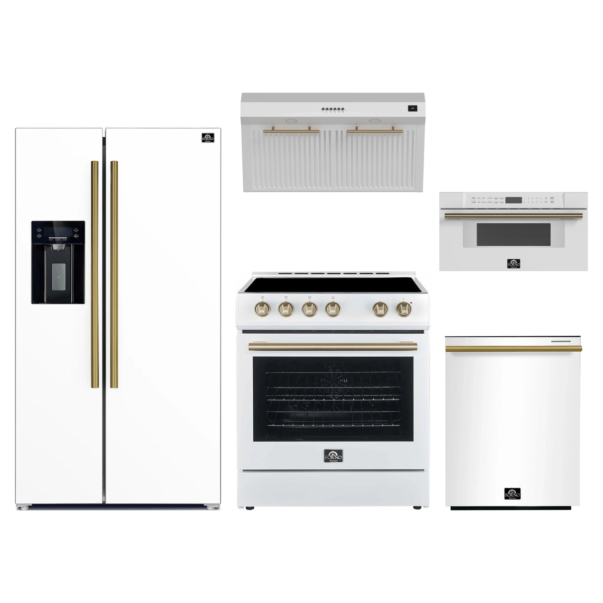 Forno 5-Piece Appliance Package - 30-Inch Electric Range, Under Cabinet Range Hood, Refrigerator with Water Dispenser, Dishwasher, and 30-Inch Microwave Drawer in White with Antique Brass Trim