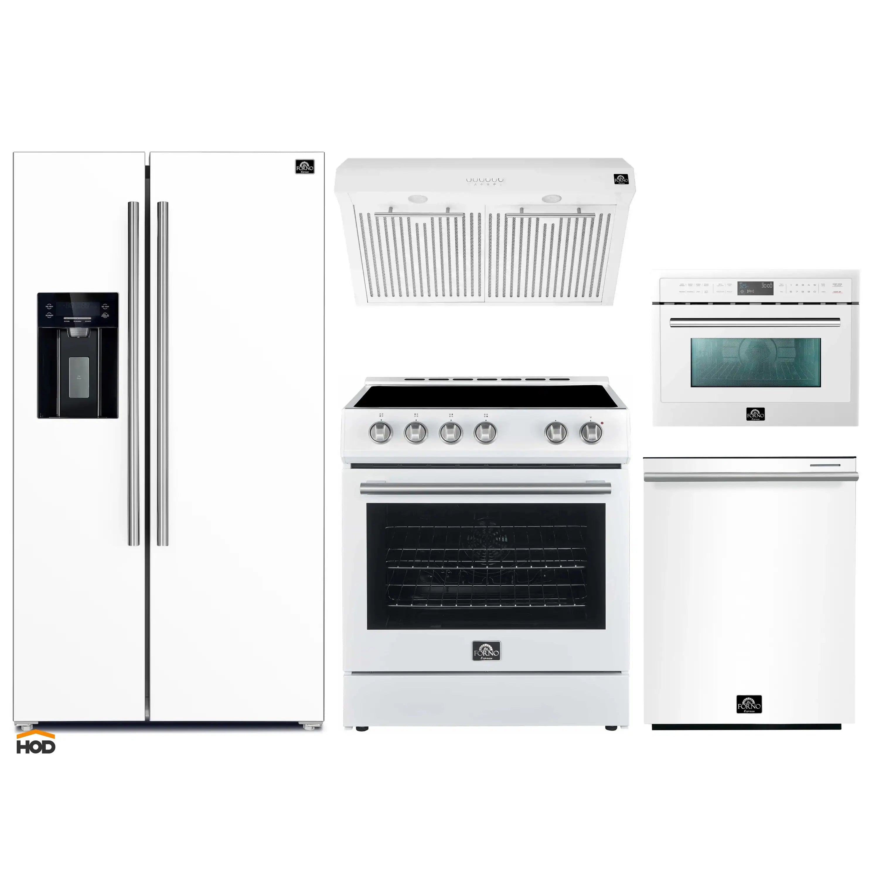 White appliance package with refrigerator, electric range, and over-range microwave drawer