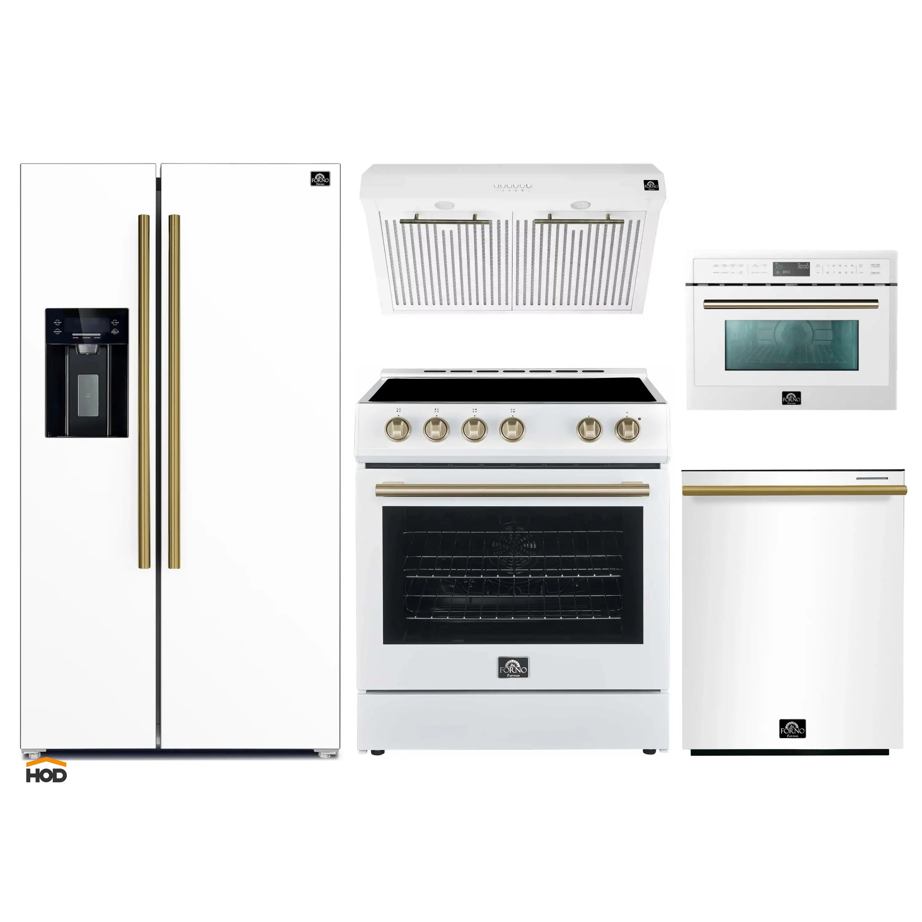White kitchen appliance package display: refrigerator, electric range, and microwave