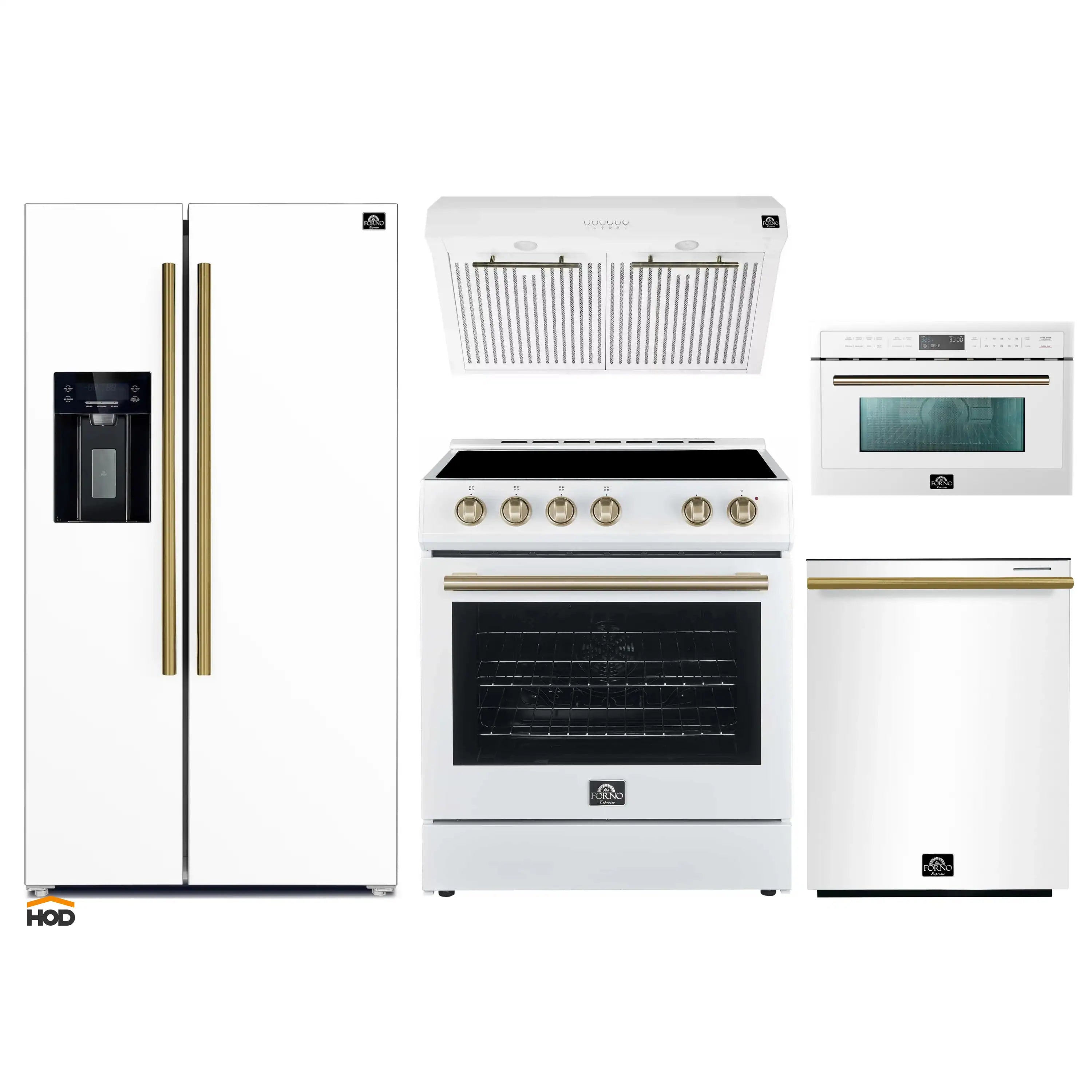 White 5-piece appliance package with range, hood, microwave, refrigerator, and dishwasher.