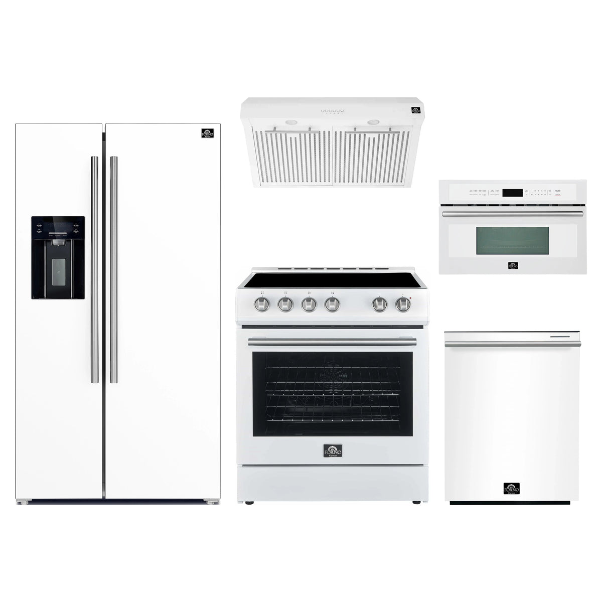 Forno 5-Piece Appliance Package - 30-Inch Electric Range, Under Cabinet Range Hood, Refrigerator with Water Dispenser, Dishwasher, and 30-Inch Microwave Oven in White with Stainless Steel Trim