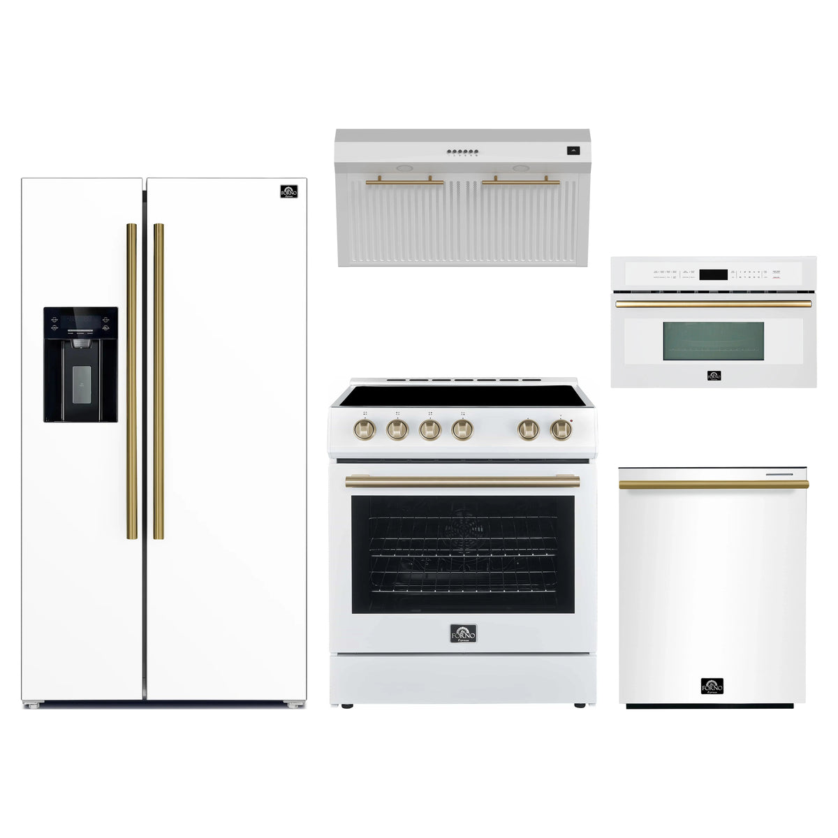 Forno 5-Piece Appliance Package - 30-Inch Electric Range, Under Cabinet Range Hood, Refrigerator with Water Dispenser, Dishwasher, and 30-Inch Microwave Oven in White with Antique Brass Trim
