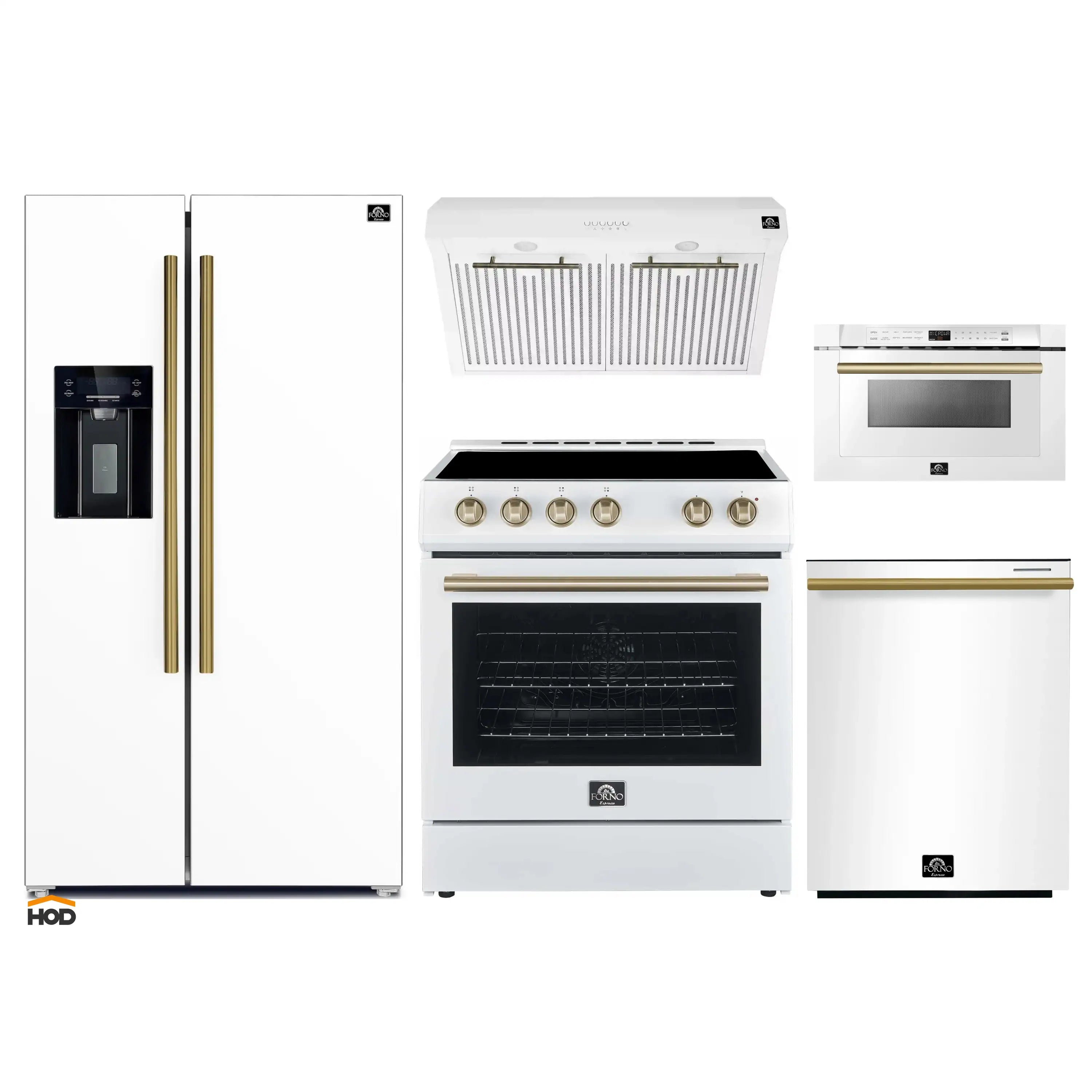 White appliance package showing refrigerator, range, microwave drawer and hood with brass trim