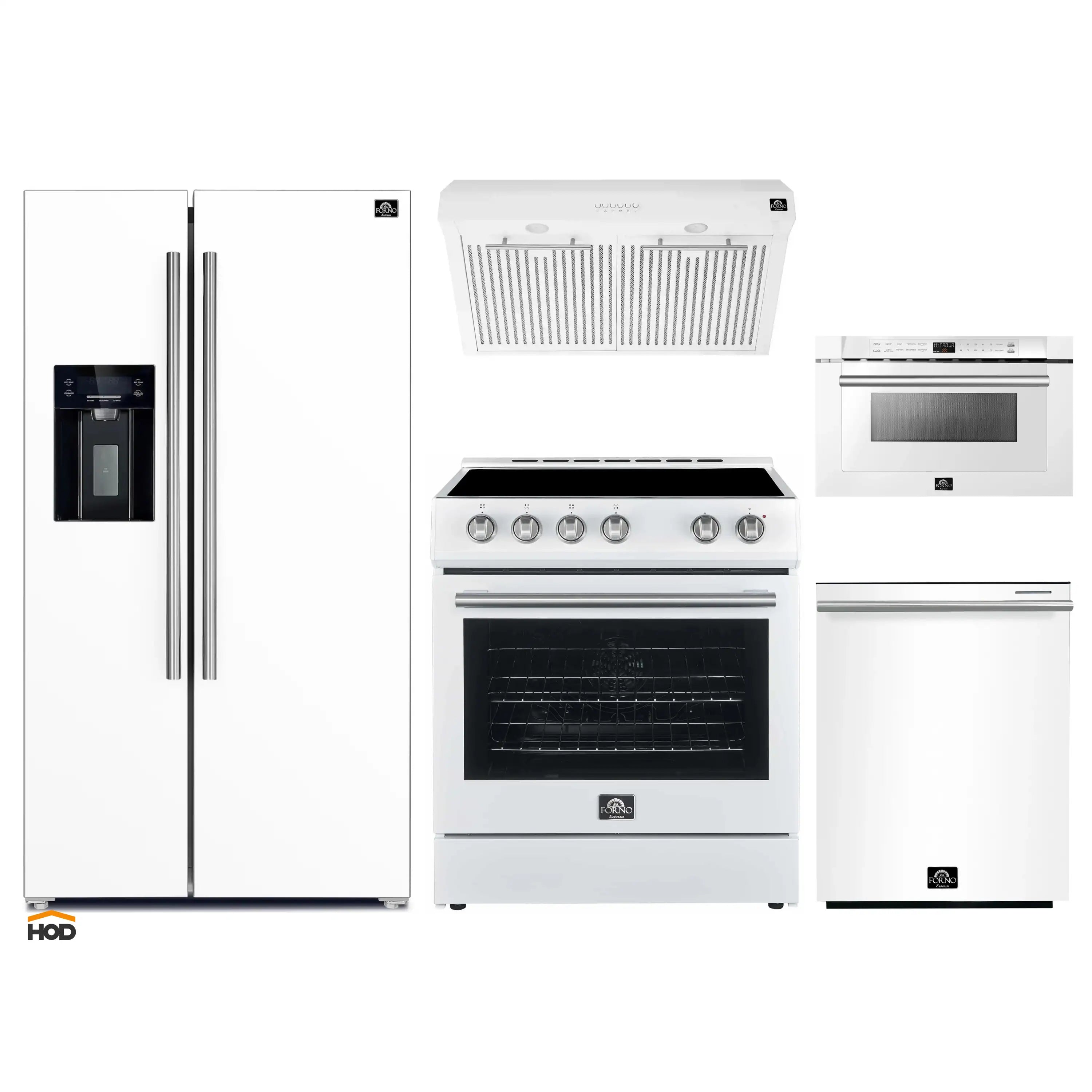 White kitchen appliance package with refrigerator, electric range, and microwave drawer