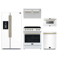 Forno 5-Piece Appliance Package - 30-Inch Espresso Electric Range, Under Cabinet Range Hood, Refrigerator with Water Dispenser, Dishwasher, and Microwave Drawer in White with Antique Brass Trim
