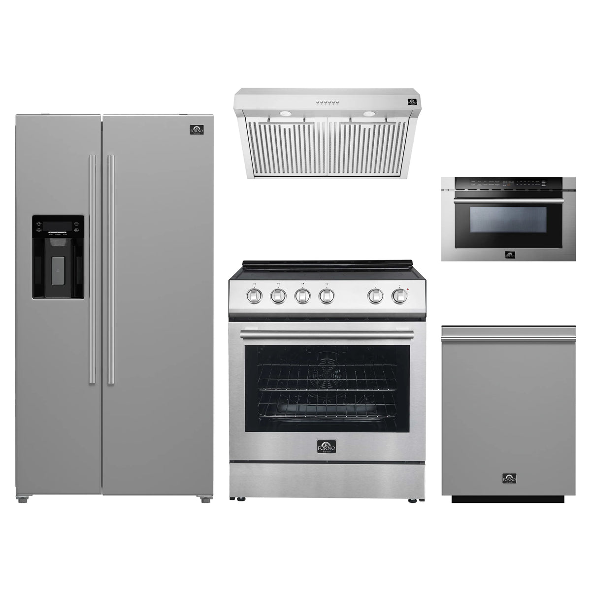 Forno 5-Piece Appliance Package - 30-Inch Electric Range, Under Cabinet Range Hood, Refrigerator with Water Dispenser, Dishwasher, and Microwave Drawer in Stainless Steel