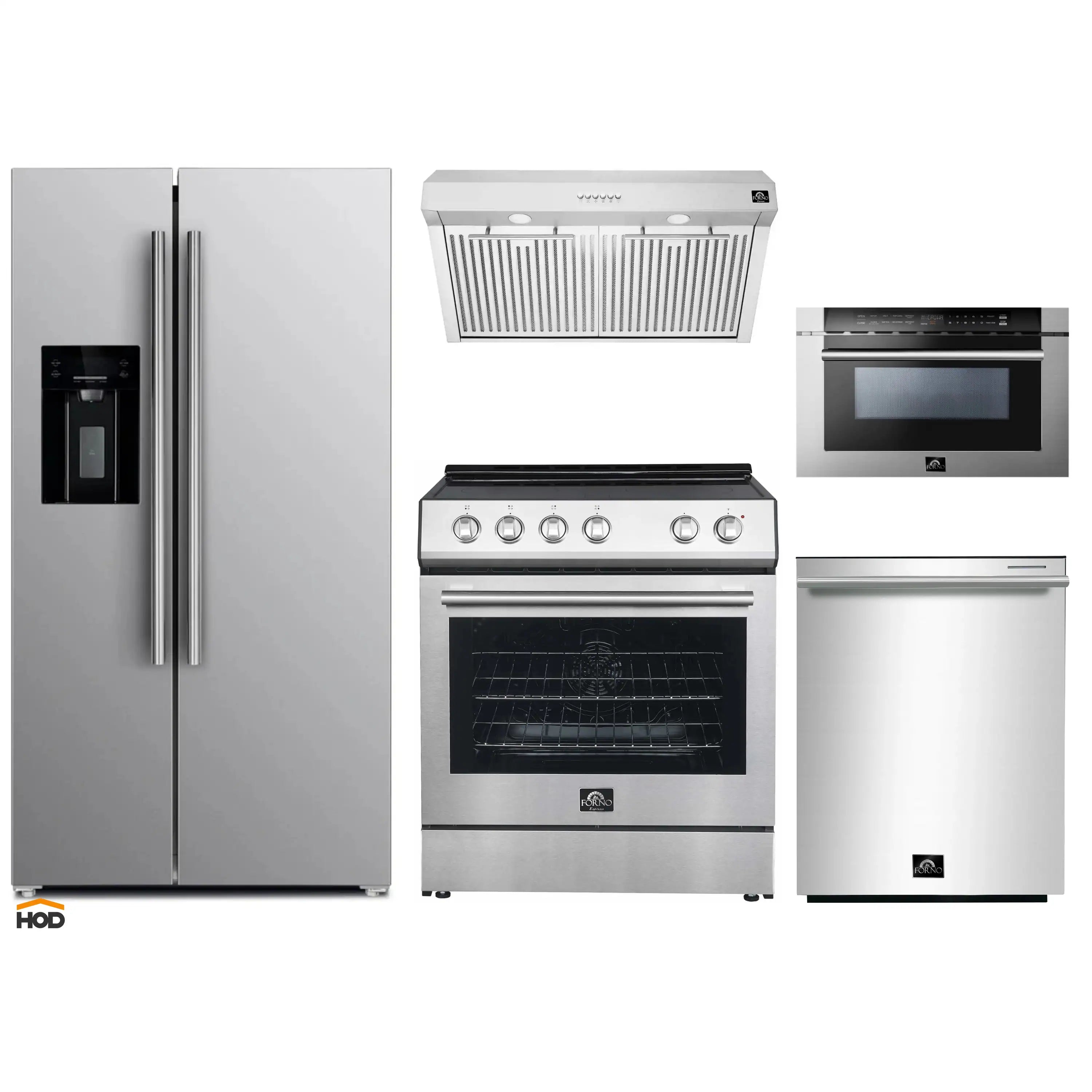 Stainless steel appliance package: fridge, electric range with hood, microwave drawer, dishwasher