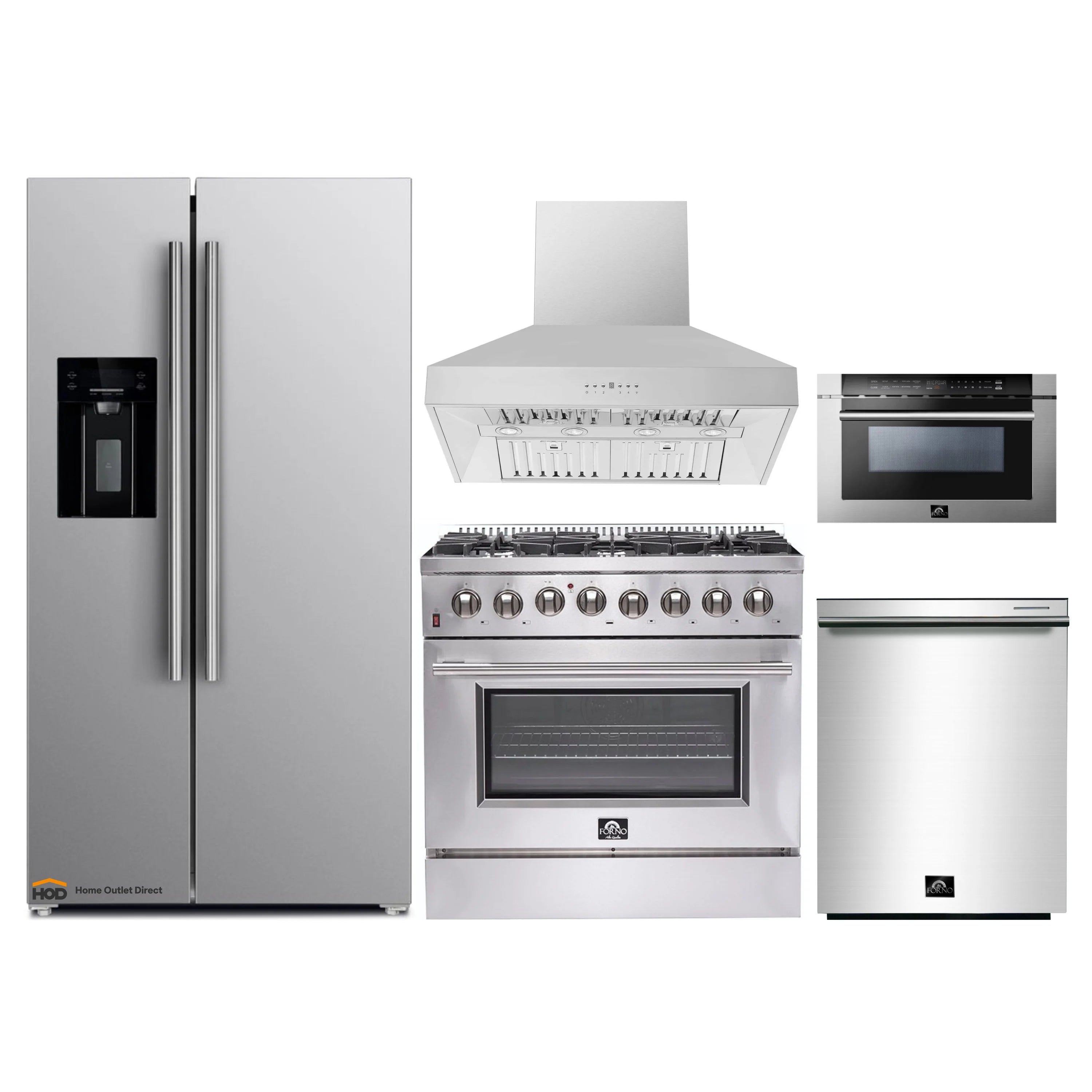 Stainless steel kitchen appliance package with refrigerator, range, and range hood
