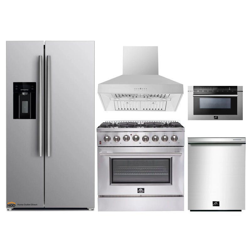 Forno 5-Piece Appliance Package - 36-Inch Dual Fuel Range, Refrigerator with Water Dispenser, Wall Mount Hood, Microwave Drawer, & 3-Rack Dishwasher in Stainless Steel