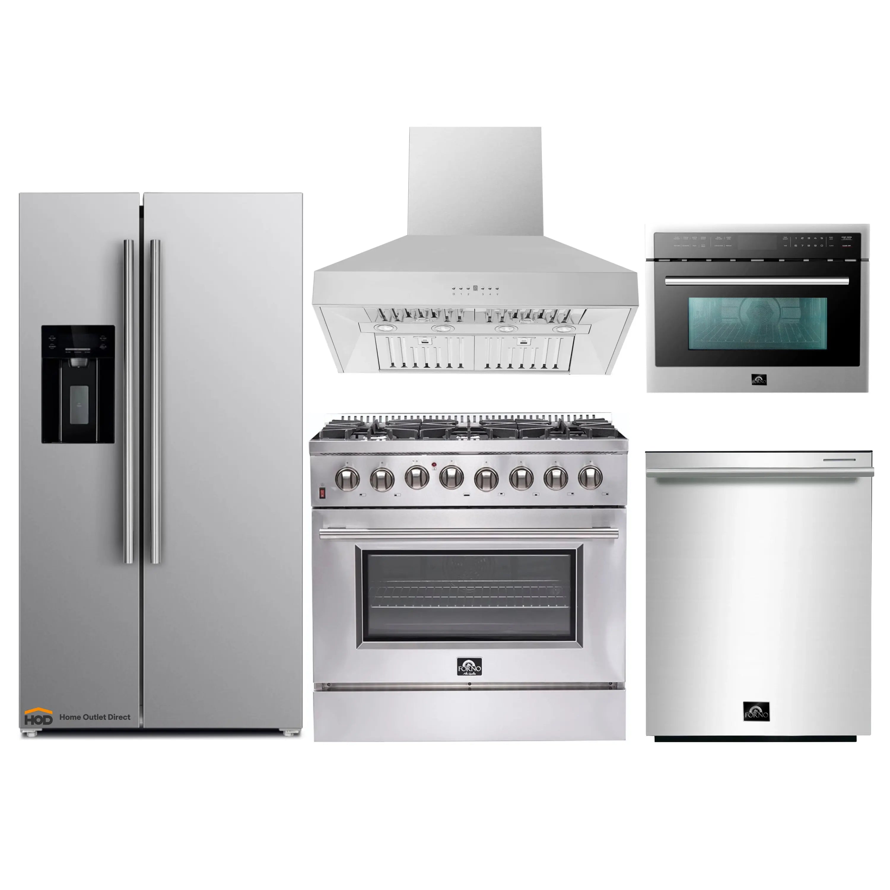 Stainless steel appliance package with refrigerator, range, range hood, and built-in oven