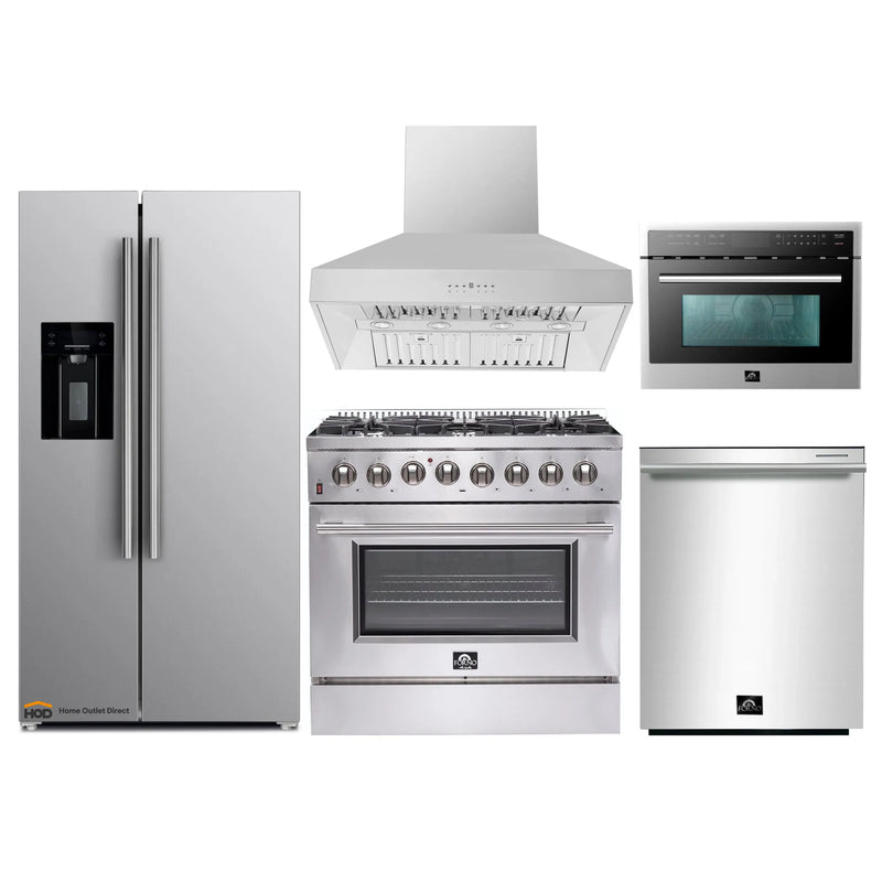 Forno 5-Piece Appliance Package - 36-Inch Dual Fuel Range, Refrigerator with Water Dispenser, Wall Mount Hood, Microwave Oven, & 3-Rack Dishwasher in Stainless Steel