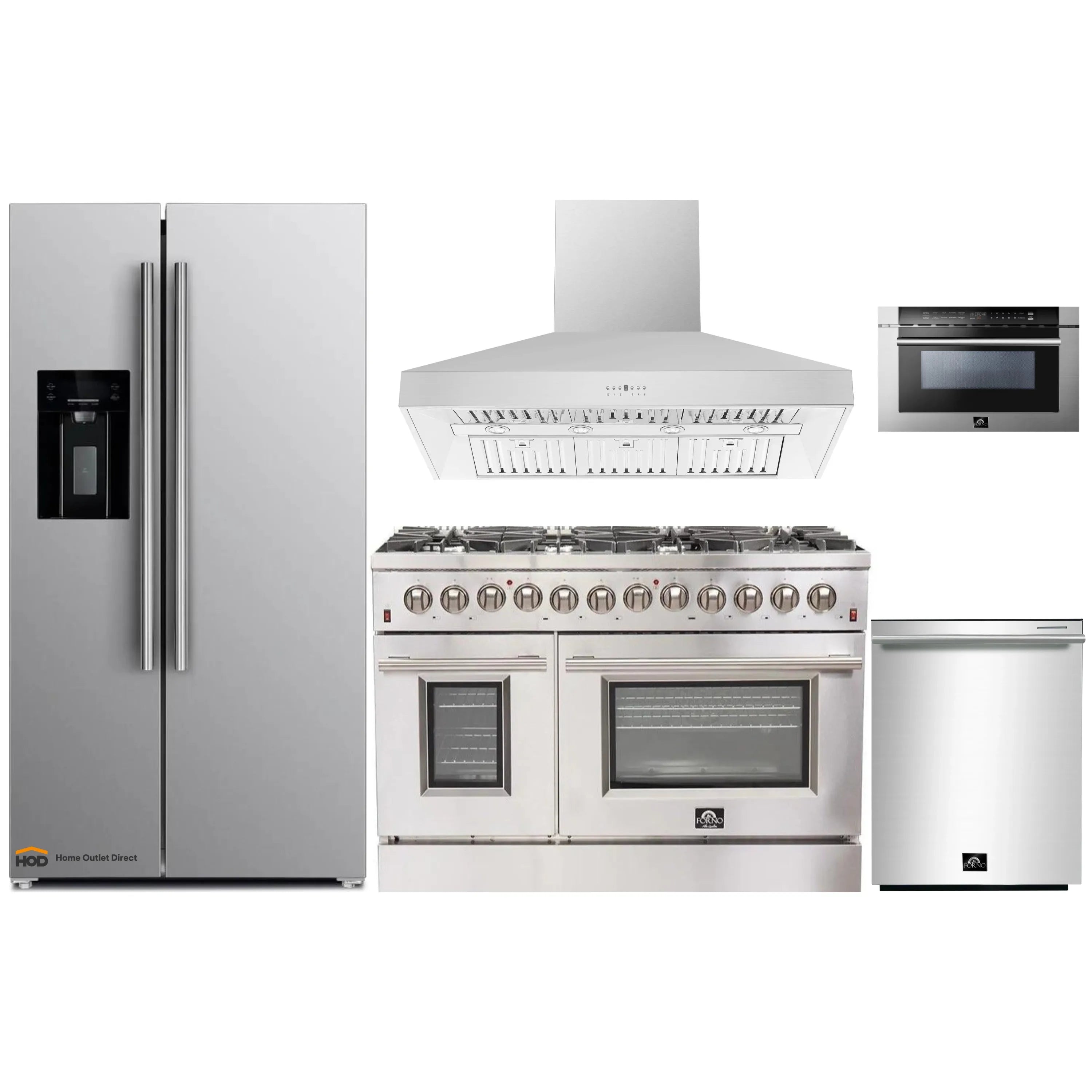 Stainless steel appliance set with refrigerator, range, wall hood, and dishwasher