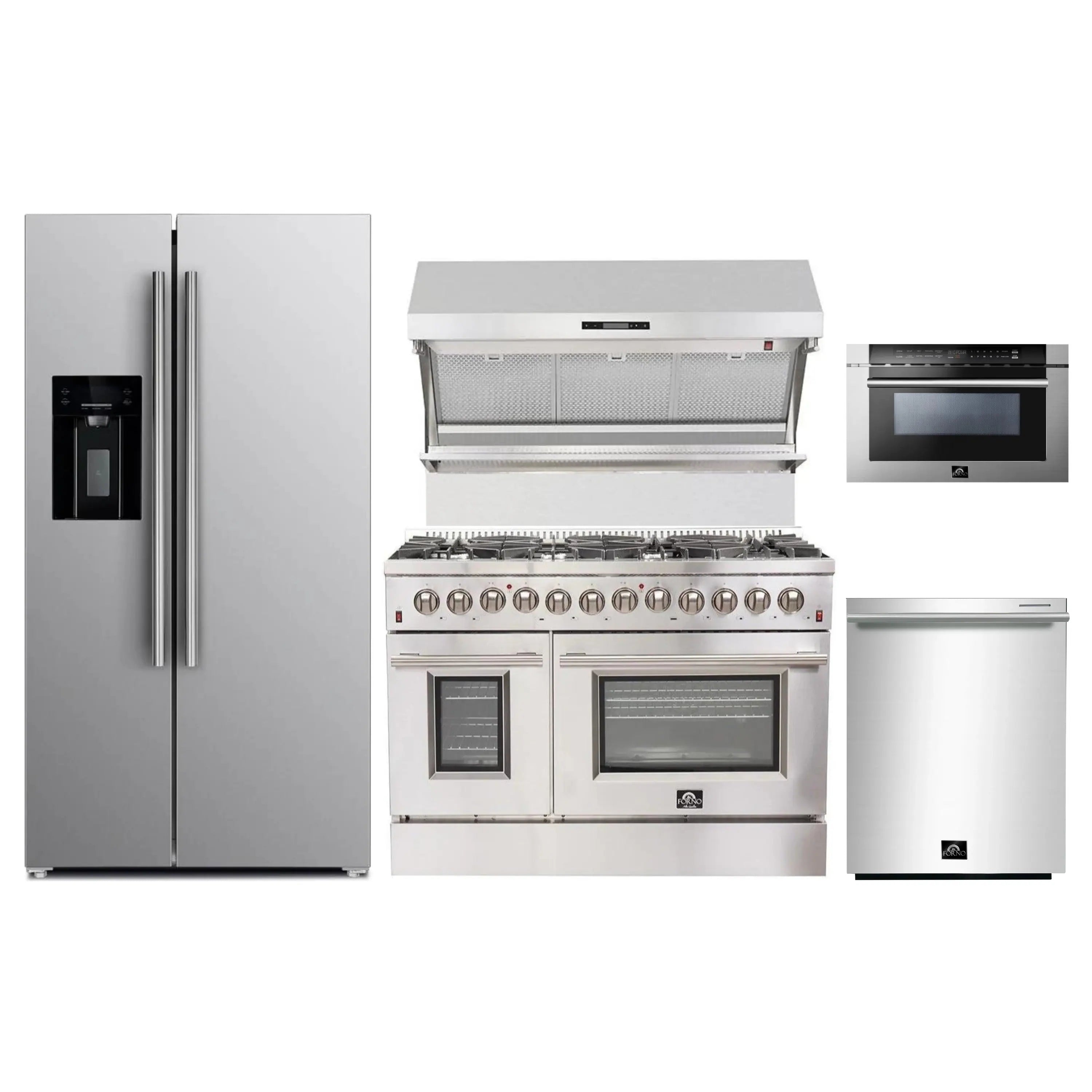 Stainless steel appliance package with refrigerator, range, microwave drawer, and hood