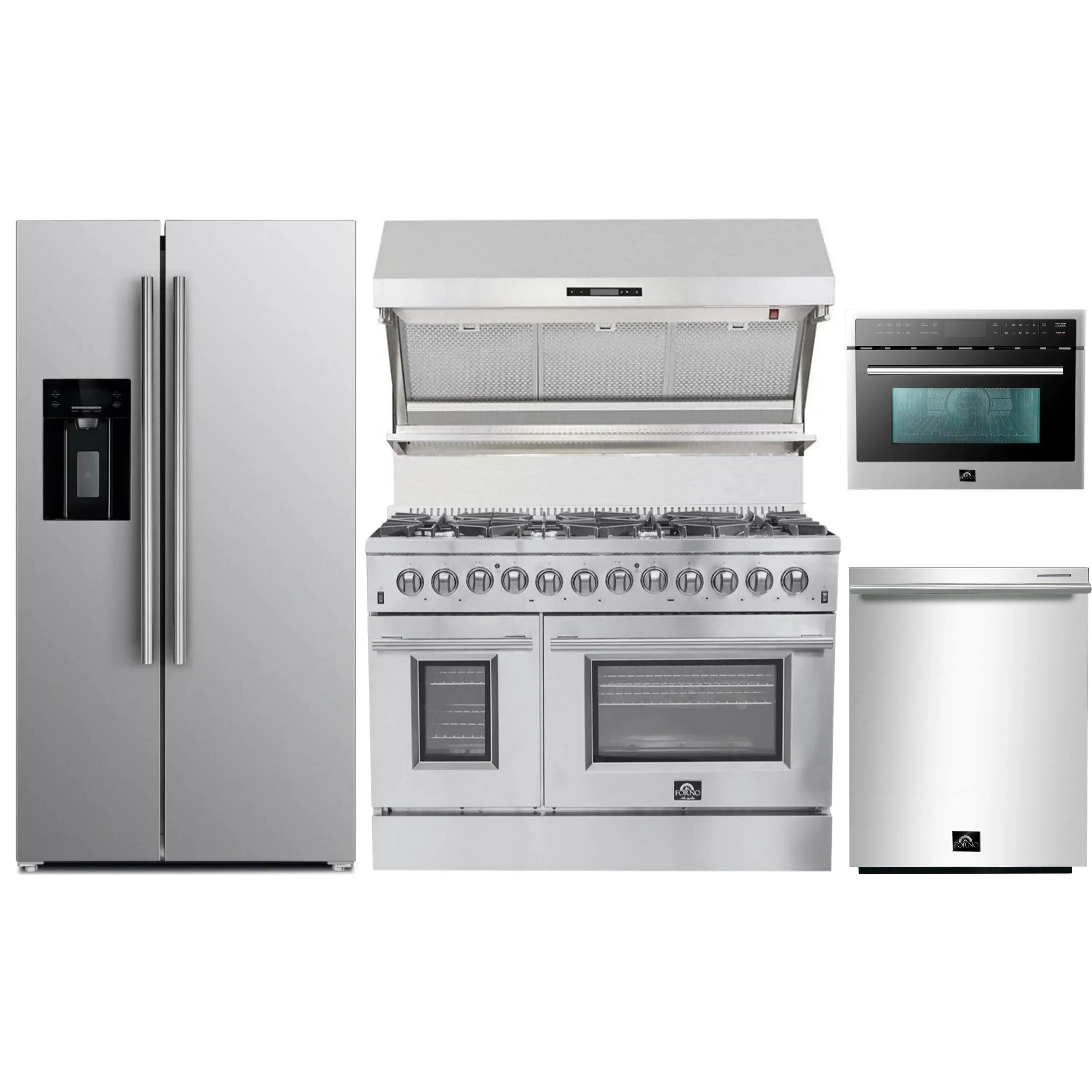 Stainless steel kitchen appliance package: range, wall hood, microwave, refrigerator