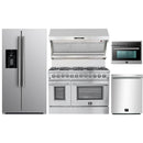 Forno 5-Piece Appliance Package - 48-Inch Dual Fuel Range, Refrigerator with Water Dispenser, Wall Mount Hood with Backsplash, 24-Inch Microwave Oven, & 3-Rack Dishwasher in Stainless Steel
