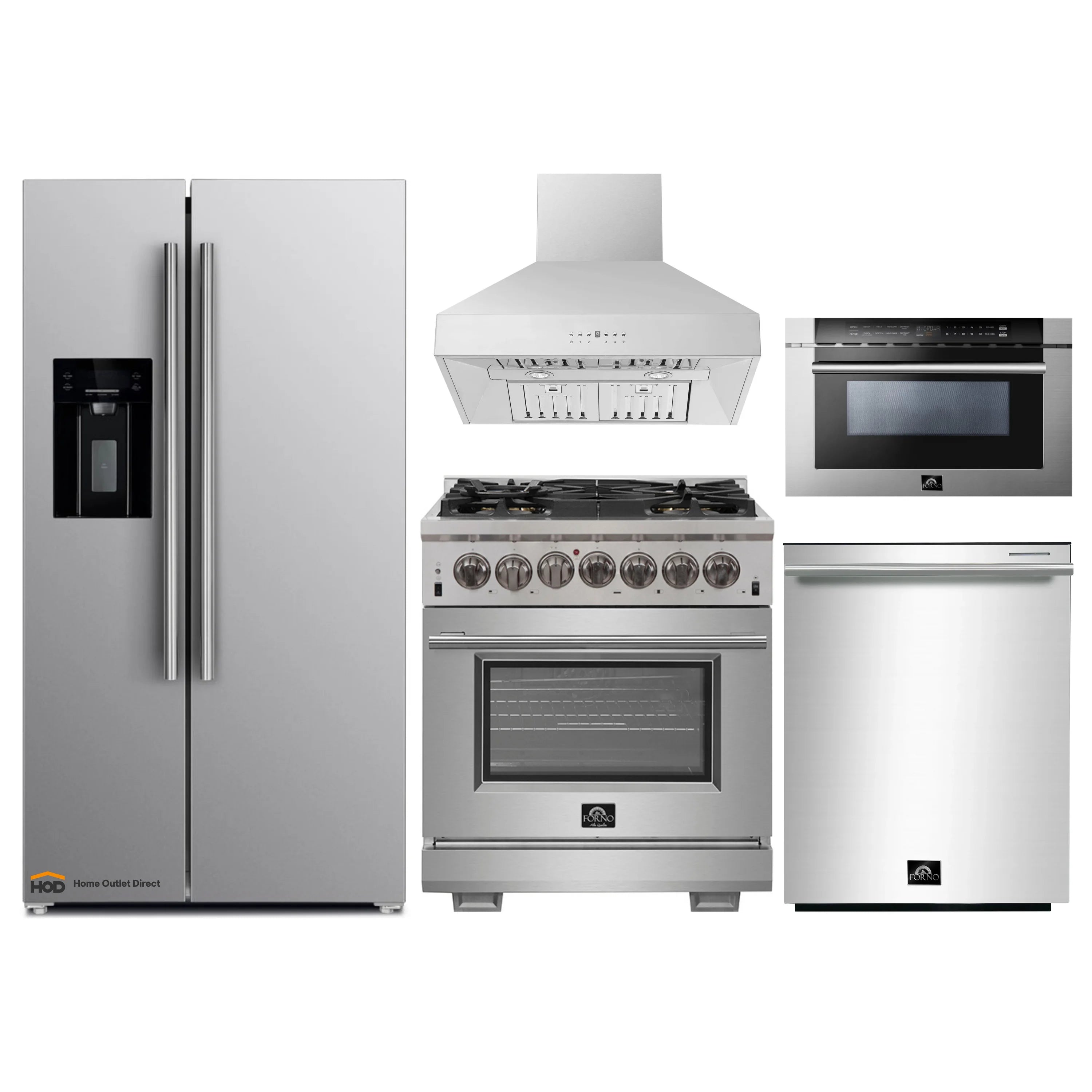 Stainless steel appliance set with refrigerator, dual-fuel range, wall hood, and oven/microwave