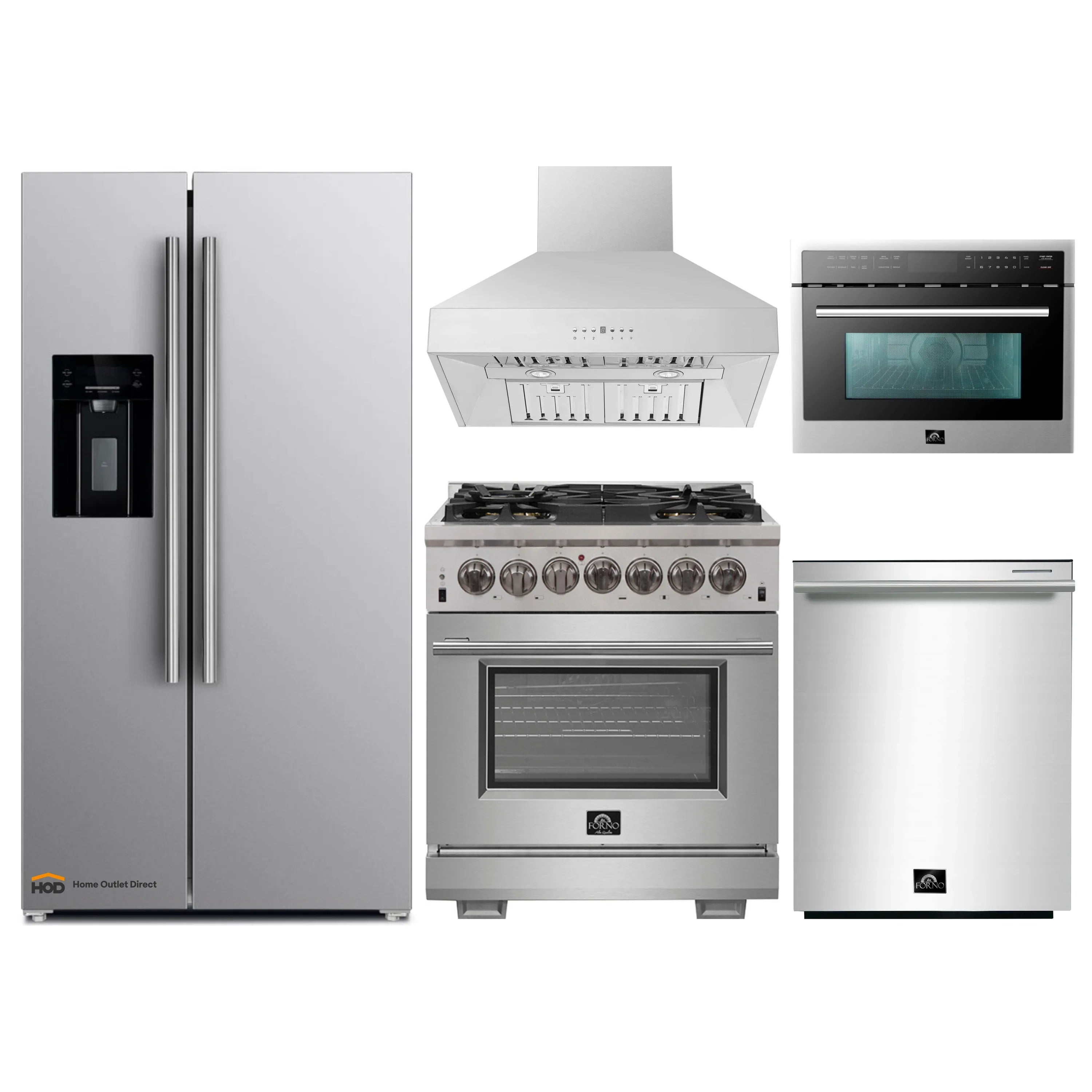 Stainless steel kitchen appliance set: refrigerator, dual-fuel range with hood, microwave, dishwasher