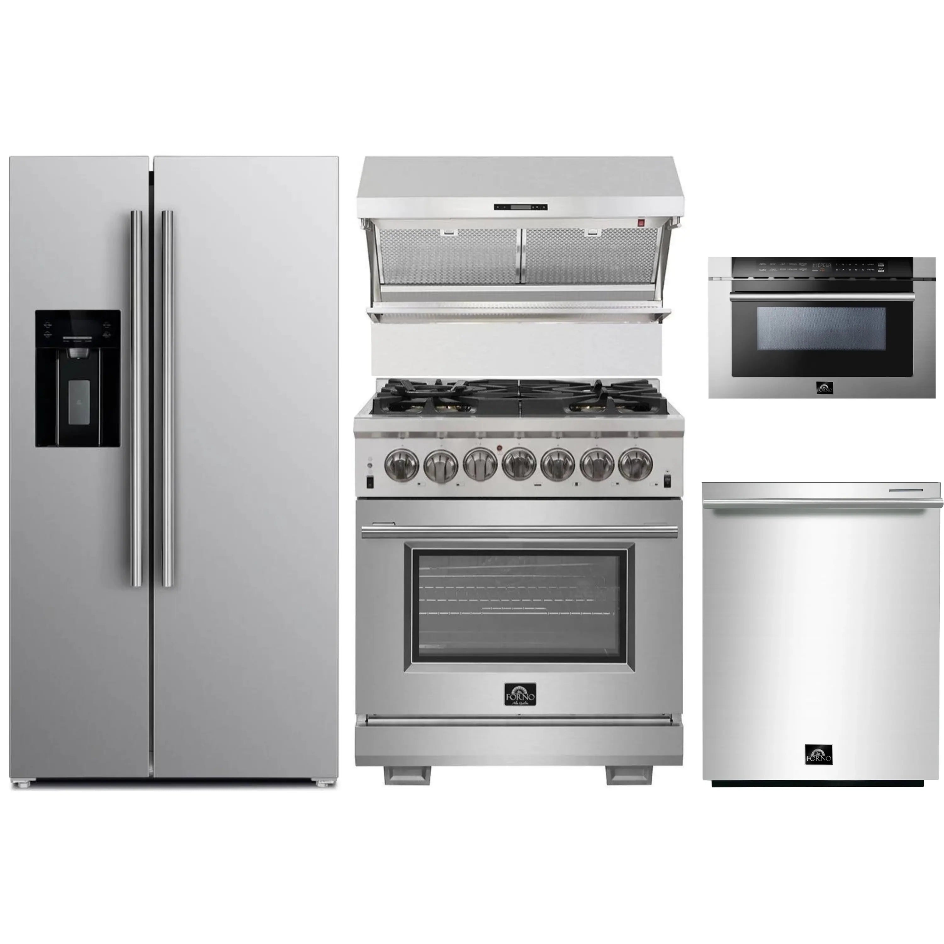 Stainless steel appliance set with refrigerator, dual fuel range, hood, microwave, and dishwasher
