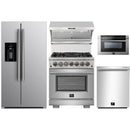 Forno 5-Piece Pro Appliance Package - 30-Inch Dual Fuel Range, Refrigerator with Water Dispenser, Wall Mount Hood with Backsplash, 24-Inch Microwave Drawer, & 3-Rack Dishwasher in Stainless Steel