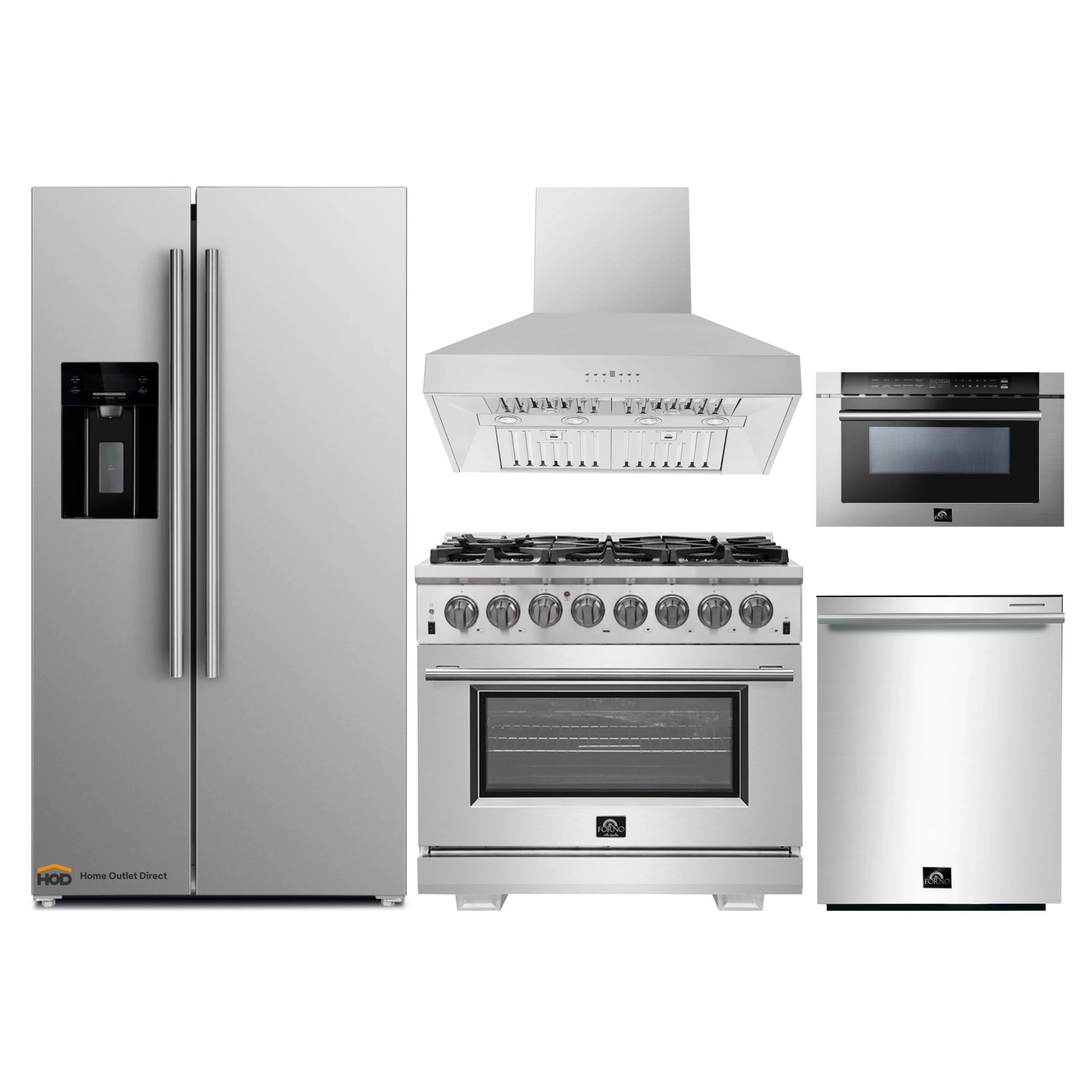 Stainless steel kitchen appliance set: refrigerator, range, wall hood, and microwave