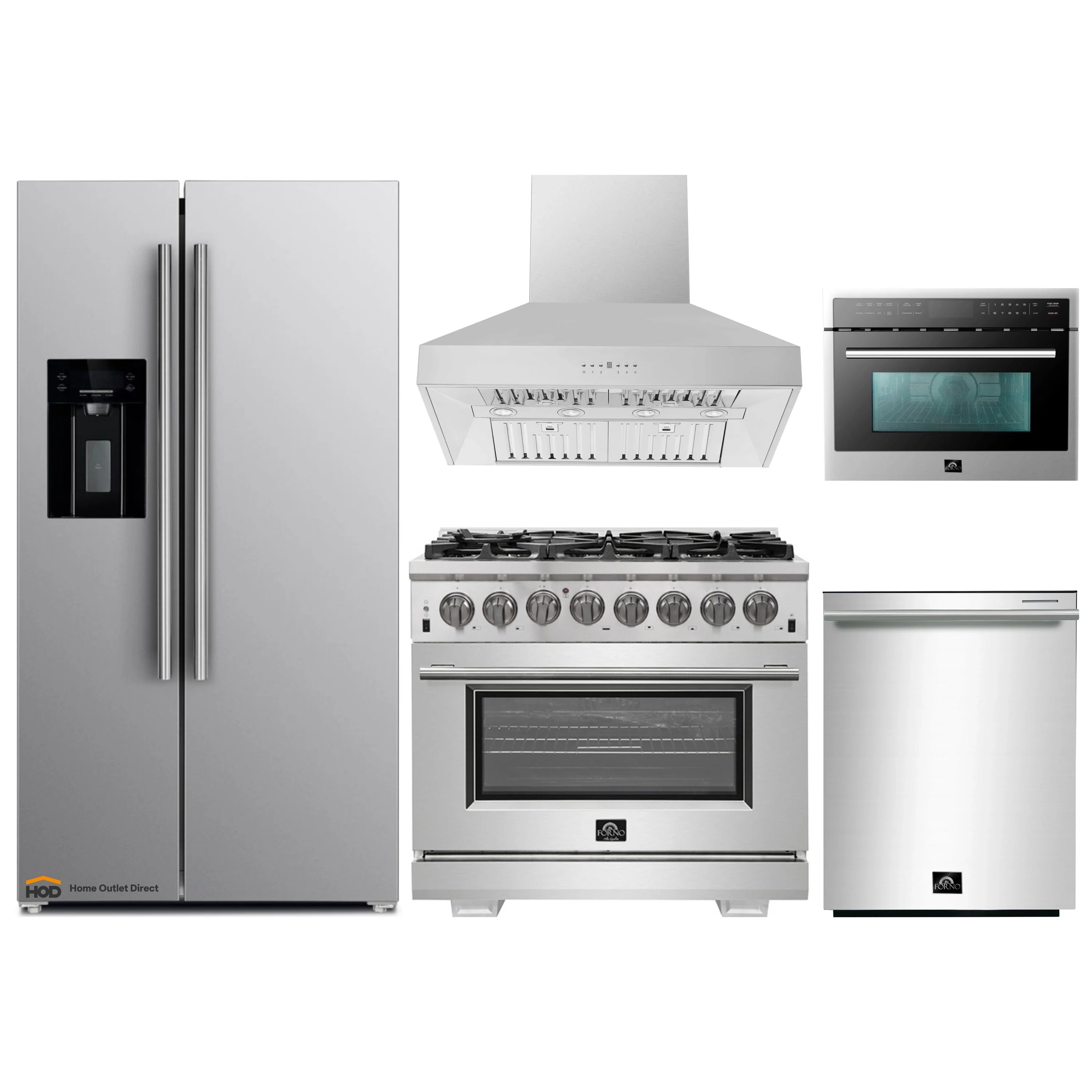 Stainless steel appliance set with wall mount hood, range, microwave, refrigerator, and dishwasher