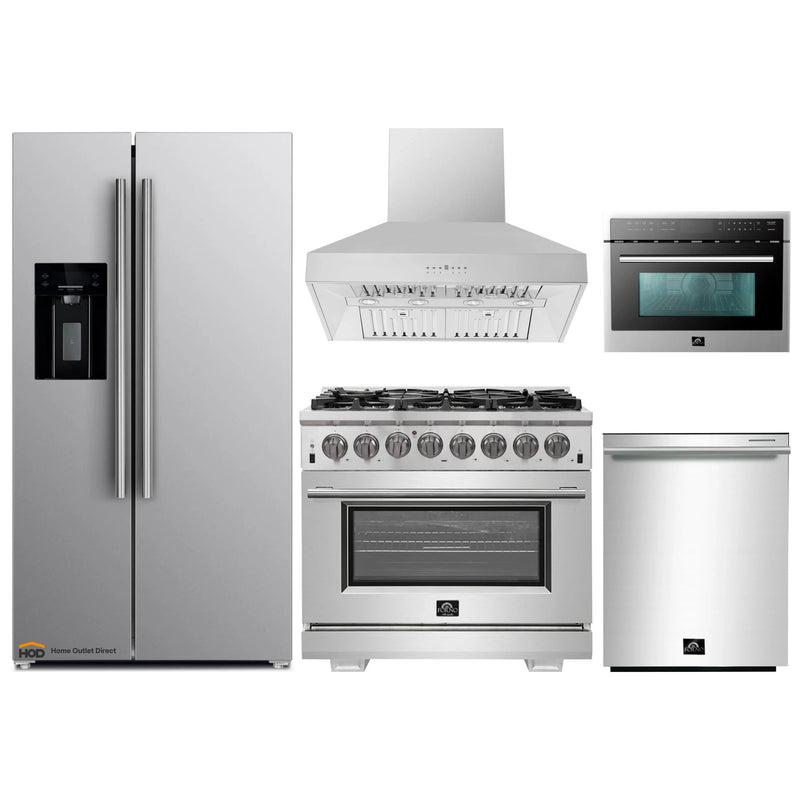 Forno 5-Piece Pro Appliance Package - 36-Inch Dual Fuel Range, Refrigerator with Water Dispenser, Wall Mount Hood, Microwave Oven, & 3-Rack Dishwasher in Stainless Steel