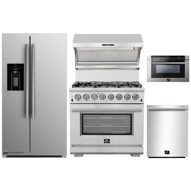 Forno 5-Piece Pro Appliance Package - 36-Inch Dual Fuel Range, Refrigerator with Water Dispenser, Wall Mount Hood with Backsplash, Microwave Drawer, & 3-Rack Dishwasher in Stainless Steel
