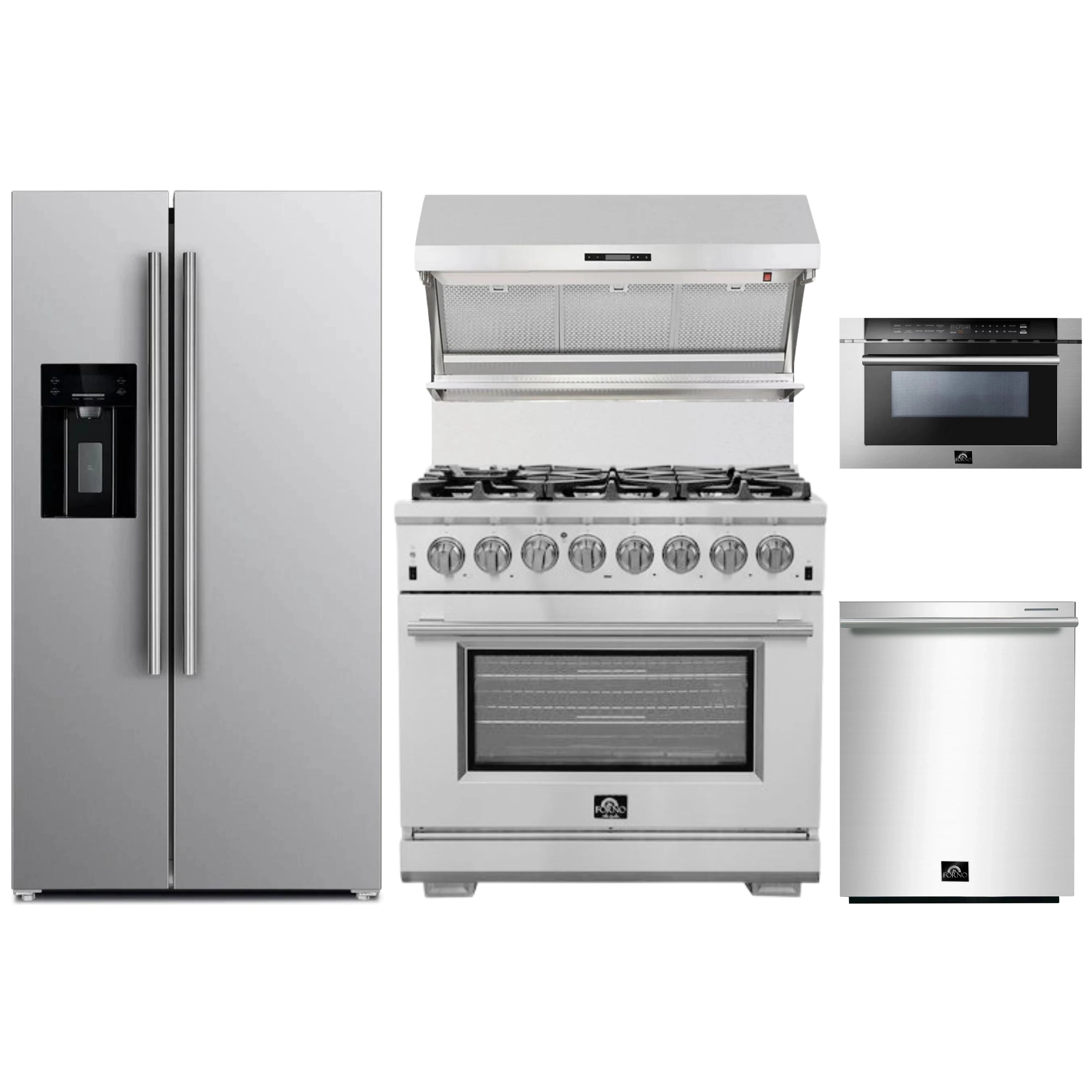 Stainless steel kitchen appliance package: range, hood, microwave drawer, refrigerator