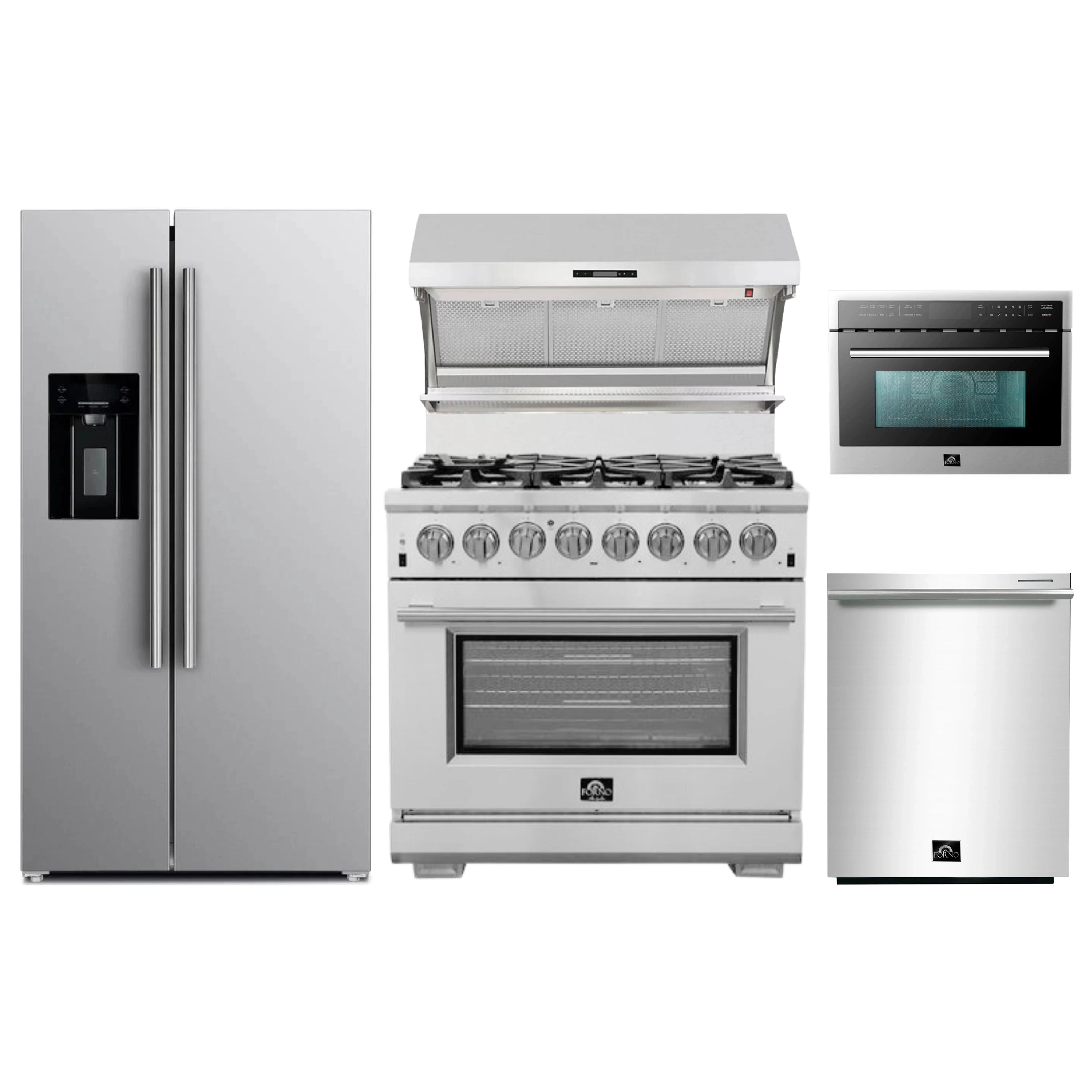 Stainless steel appliance package with range, hood, oven, microwave, and refrigerator