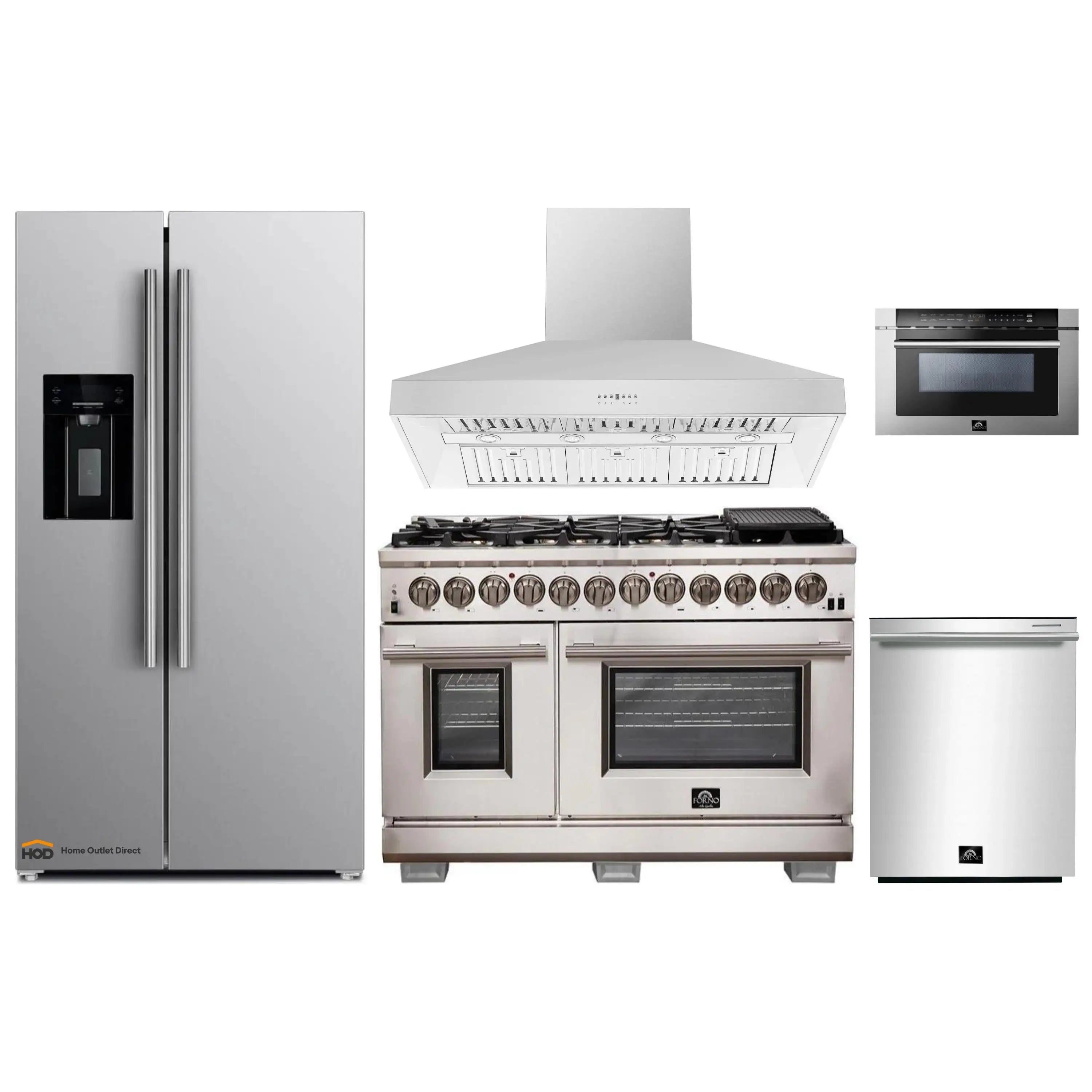Stainless steel kitchen appliance set with dual fuel range, wall hood, and refrigerator