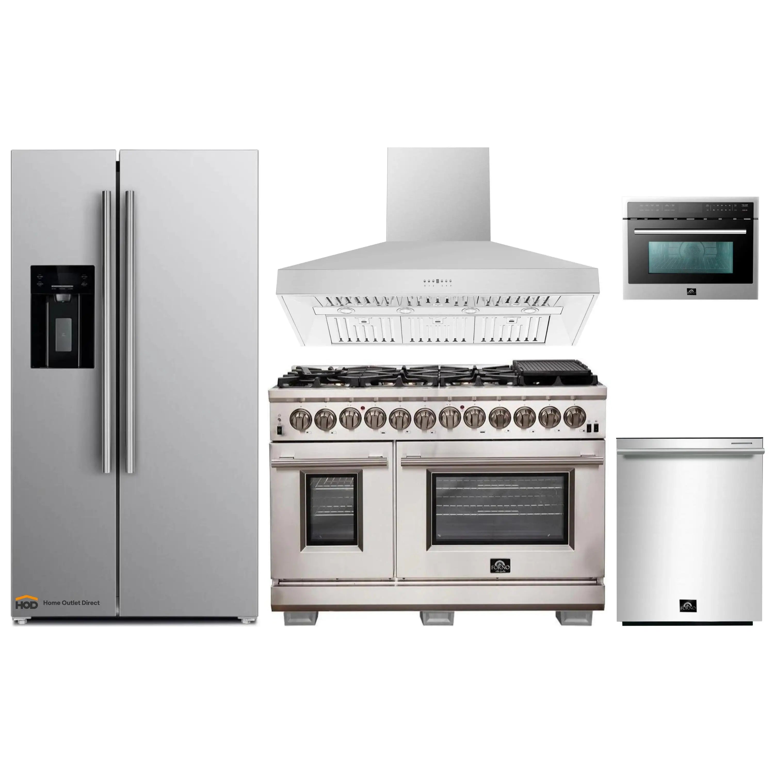 Stainless steel appliance package with dual fuel range, hood, microwave, and fridge
