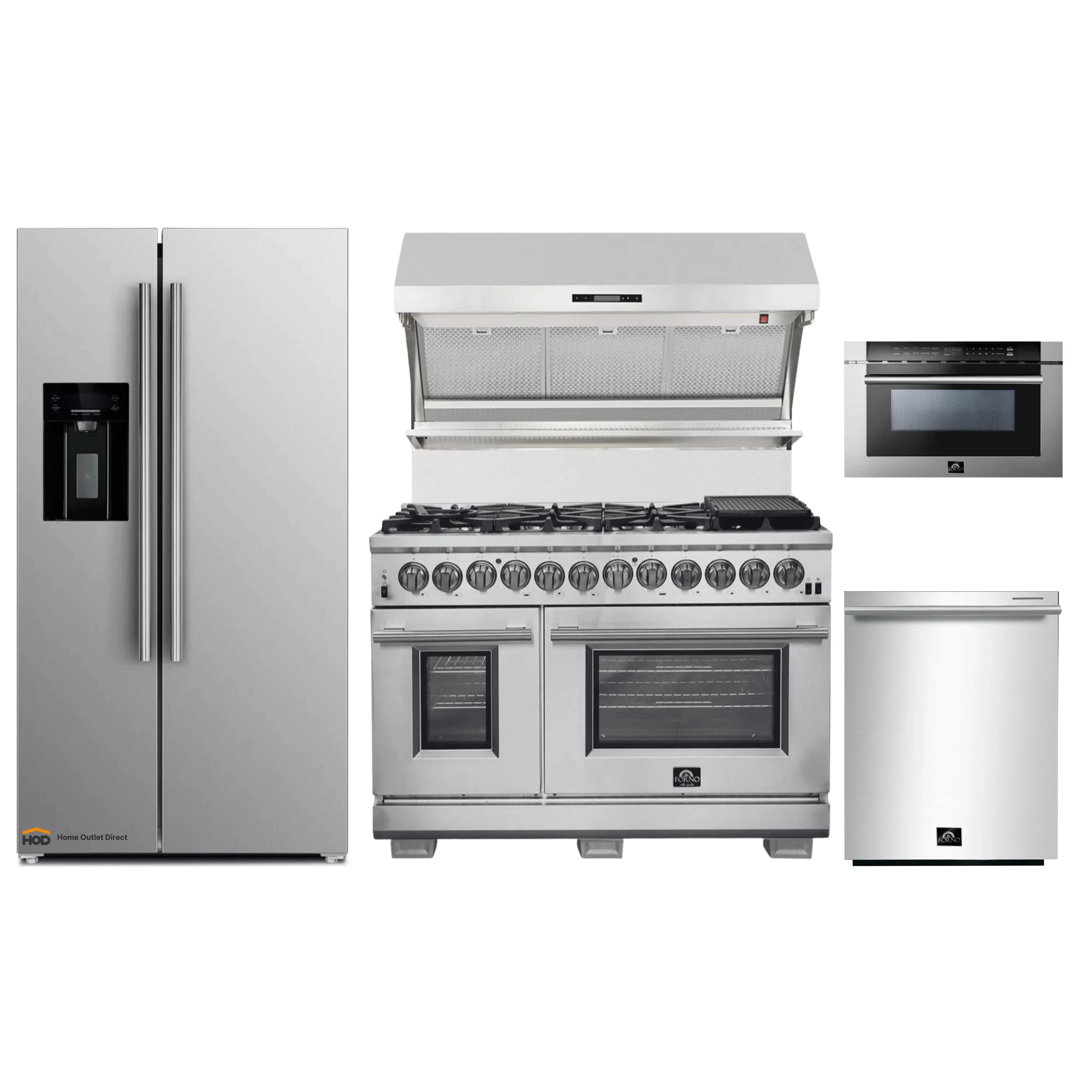 Stainless steel appliance set with range, hood, microwave, dishwasher, and refrigerator