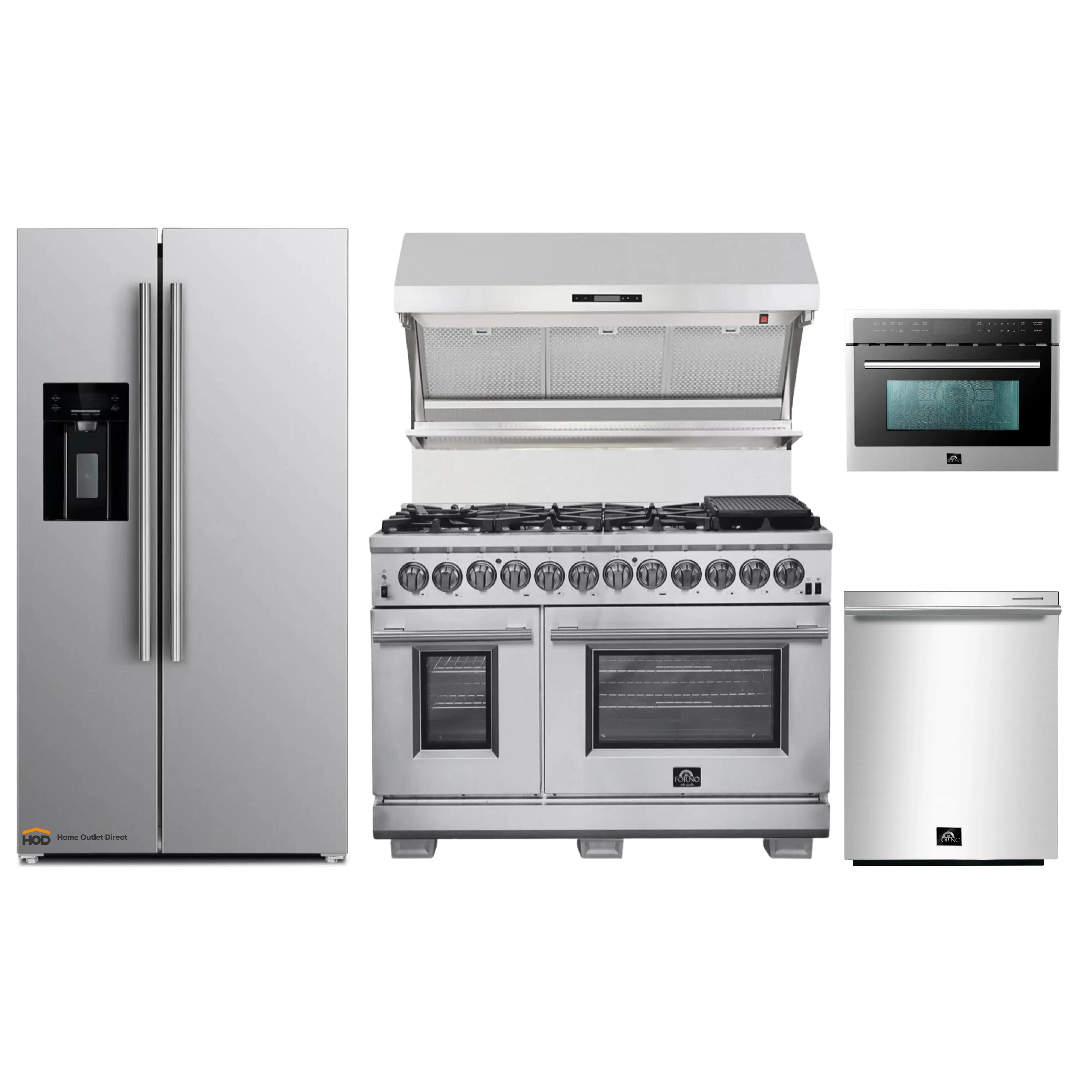 Stainless steel kitchen appliance package with range, refrigerator, microwave, dishwasher, hood
