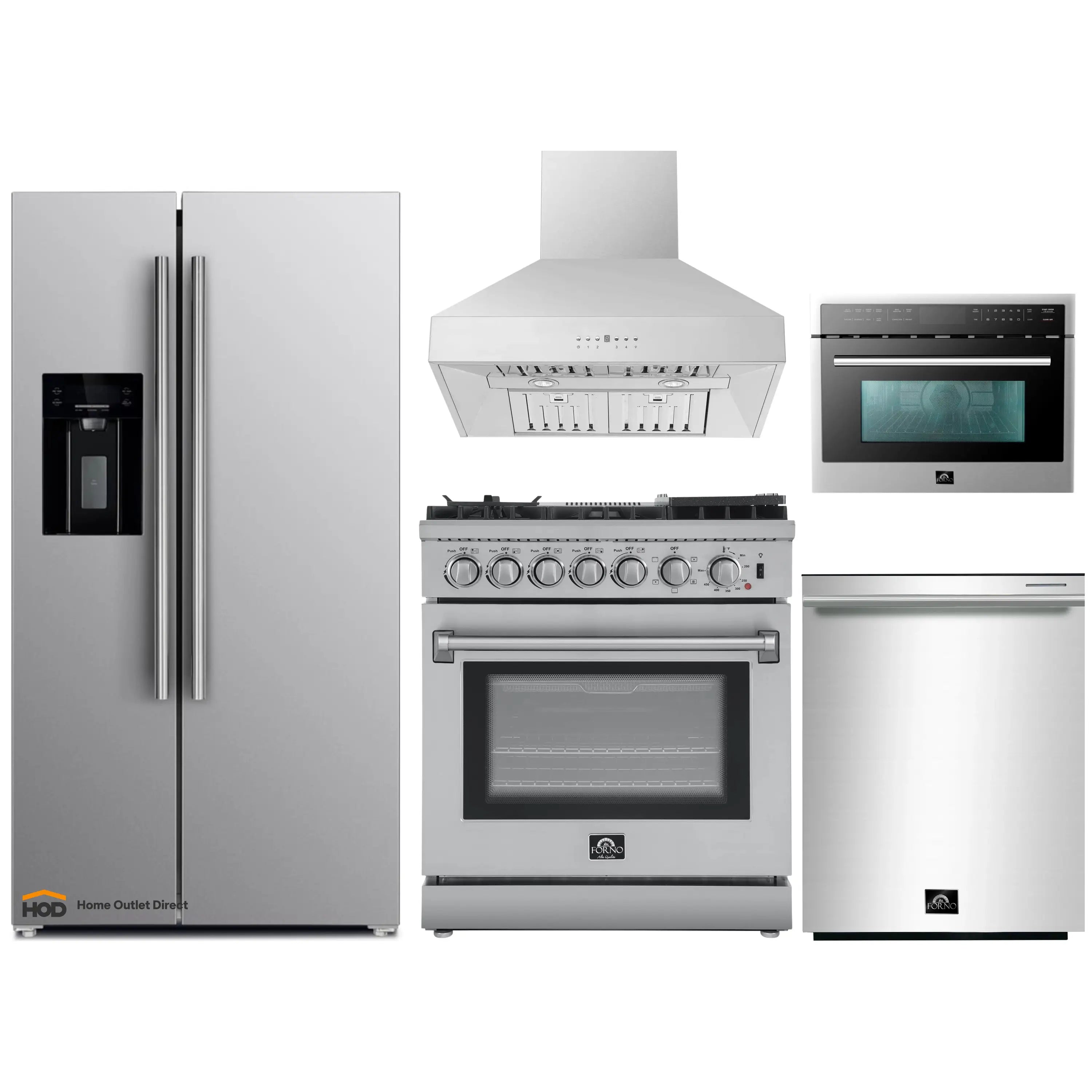 Stainless steel 5-piece kitchen appliance package with range hood and multiple appliances