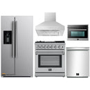 Forno 5-Piece Appliance Package - 30-Inch Dual Fuel Range with Air Fryer, Refrigerator with Water Dispenser, Wall Mount Hood, 24-Inch Microwave Drawer, & 3-Rack Dishwasher in Stainless Steel